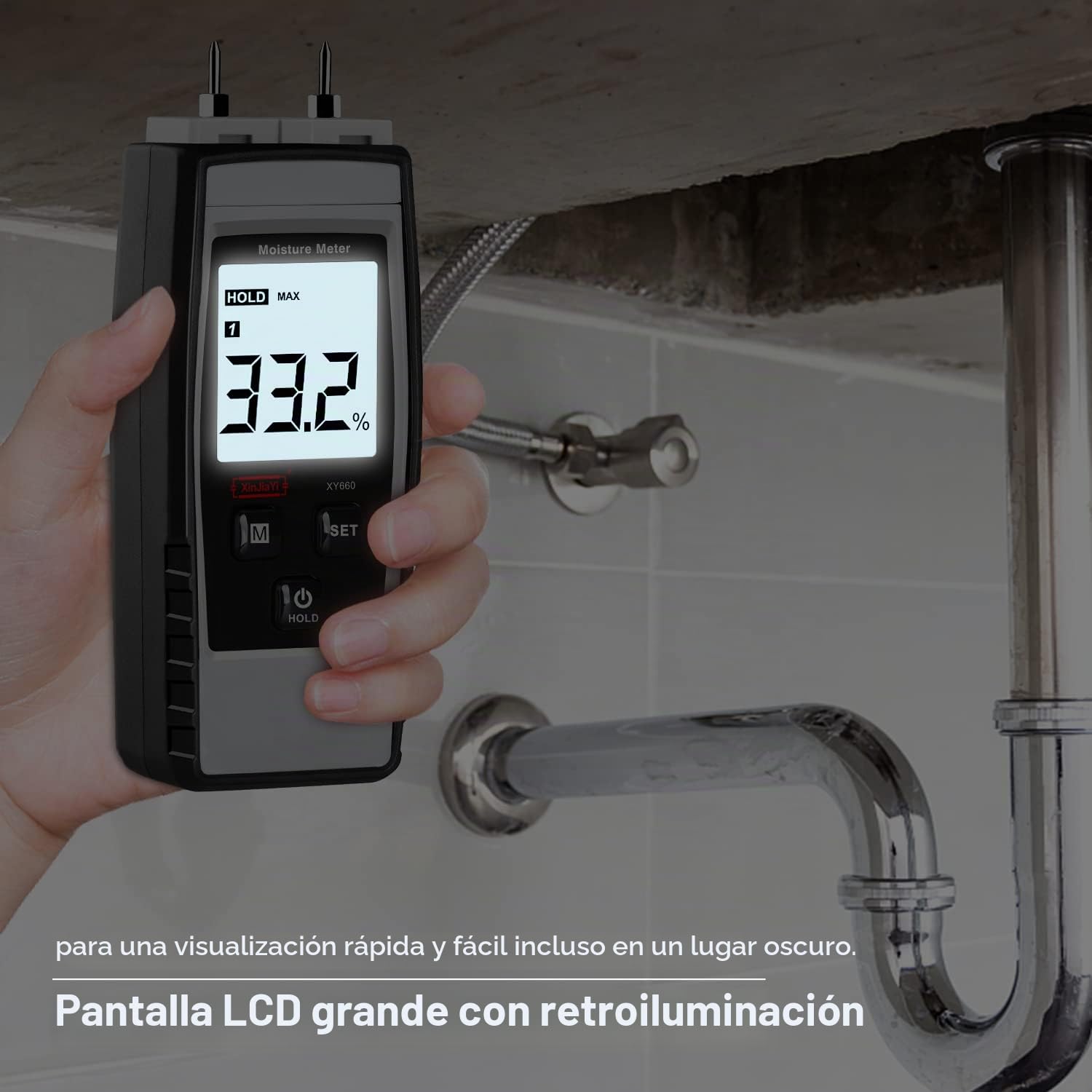 Medidor de humedad digital de madera, 8 en 1, medidor de humedad para leña, madera, paneles de yeso, ladrillo, yeso, suelo, detector de fugas de agua y comprobador de humedad gris