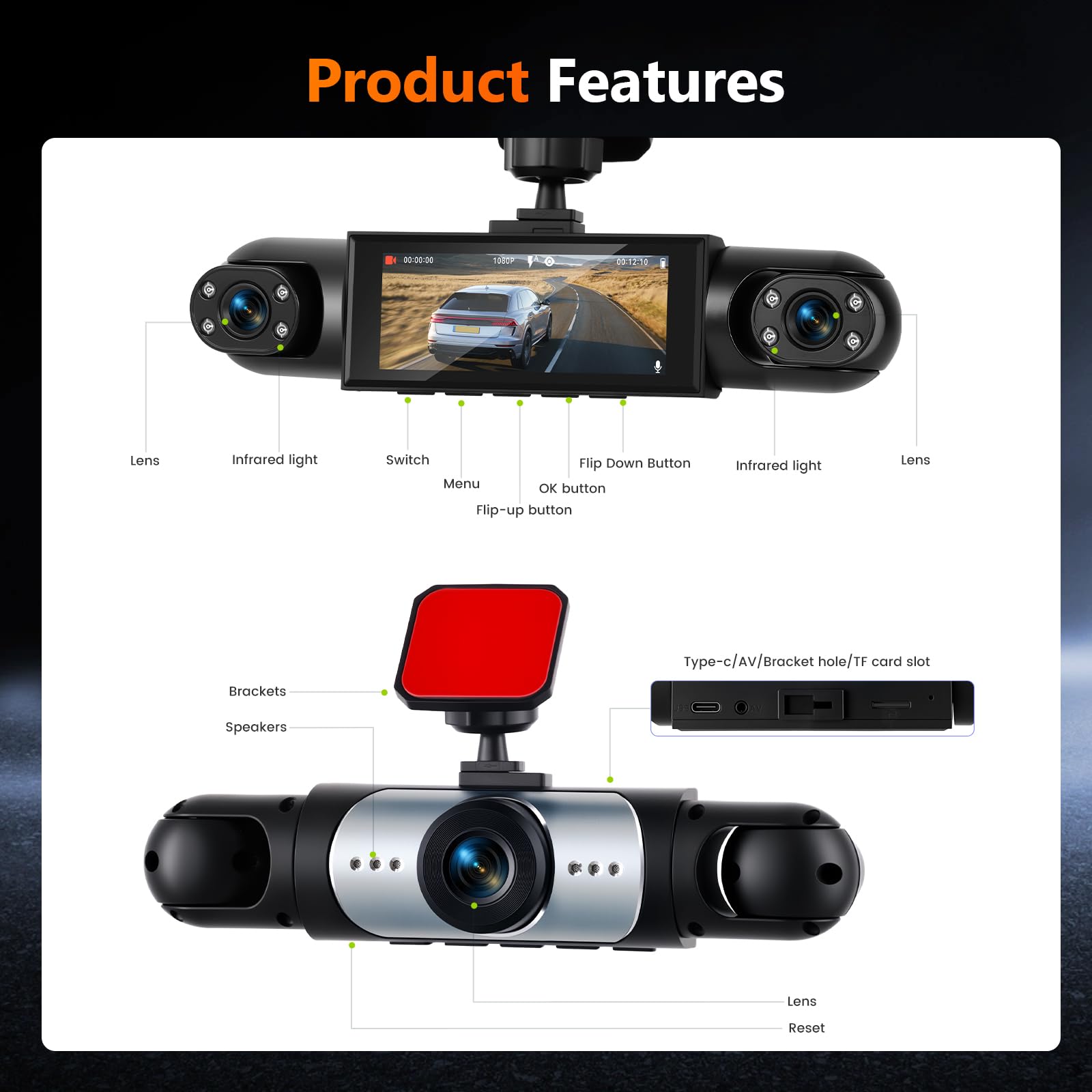 Mirror Dash Cam 4 Channel Front Rear, 3,16" Rückspiegel Kamera mit G-Sensor/Parking Monitoring/Night Vision/24H Parking Mode 360 Grad Schutz+ 64GB Karte