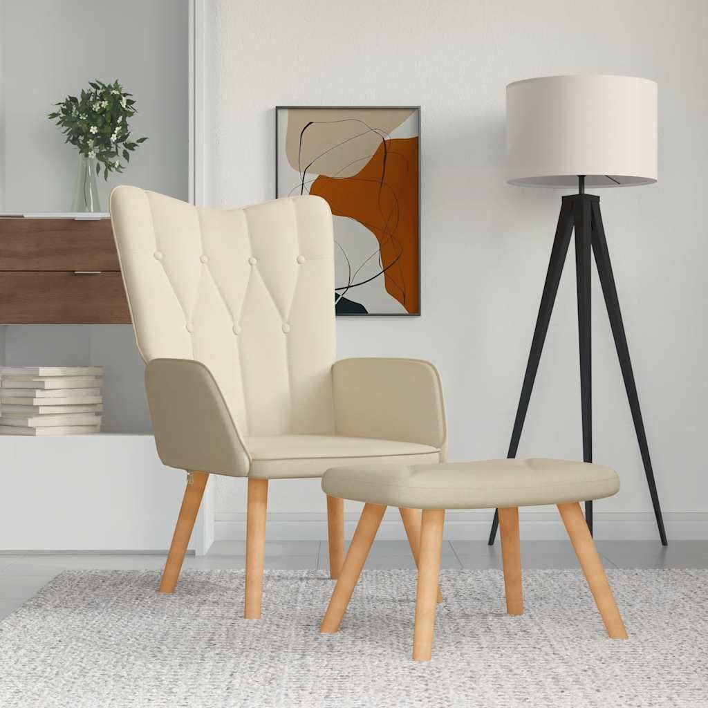 Relaxsessel mit Hocker Creme Stoff moderner Lounge Sessel mit Holzbeinen verstellbar und drehbar für Wohnzimmer Schlafzimmer Büro