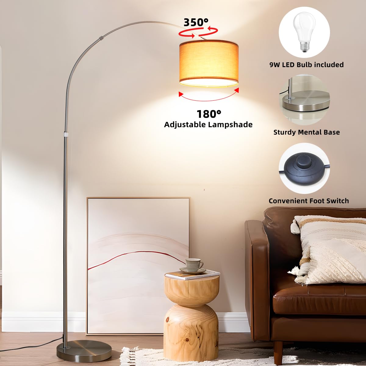 ANTENLICHT LUNA Bogenlampe Wohnzimmer Stehlampe Vintage, Inklusive LED E27 | Standleuchte mit Braunem Stoffschirm I Fußschalter I Bogenleuchte Geeignet Nickel für Schlafzimmer, Hotel