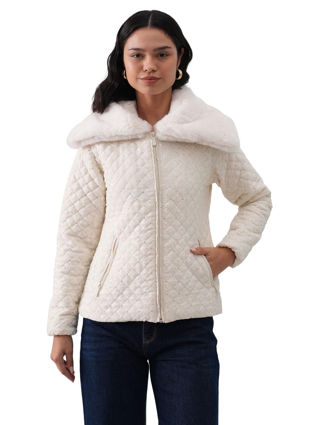 crimsoune club Women's White Embellished Quilted Jacket-picture-10