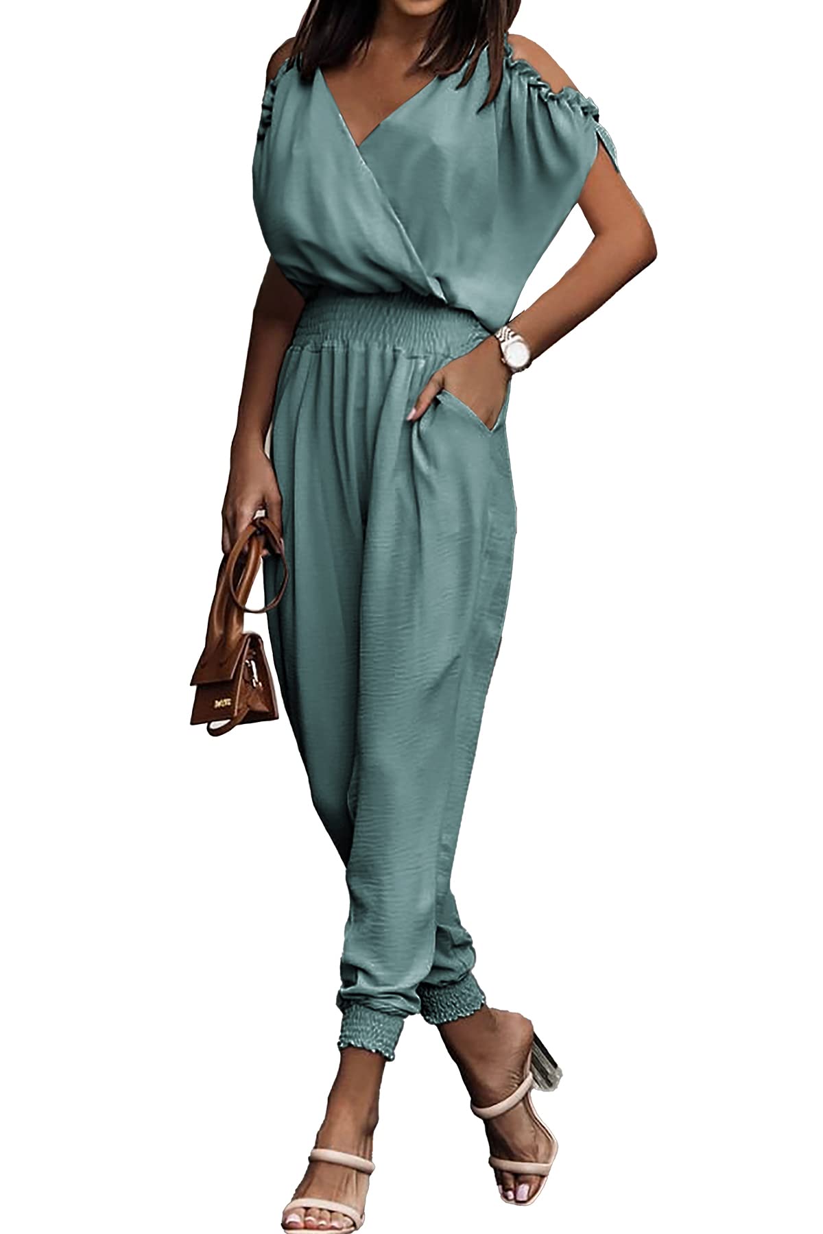 PRETTYGARDEN Jumpsuit for Women Casual Wrap V Neck Cold Shoulder One Piece Outfits Pants Romper
