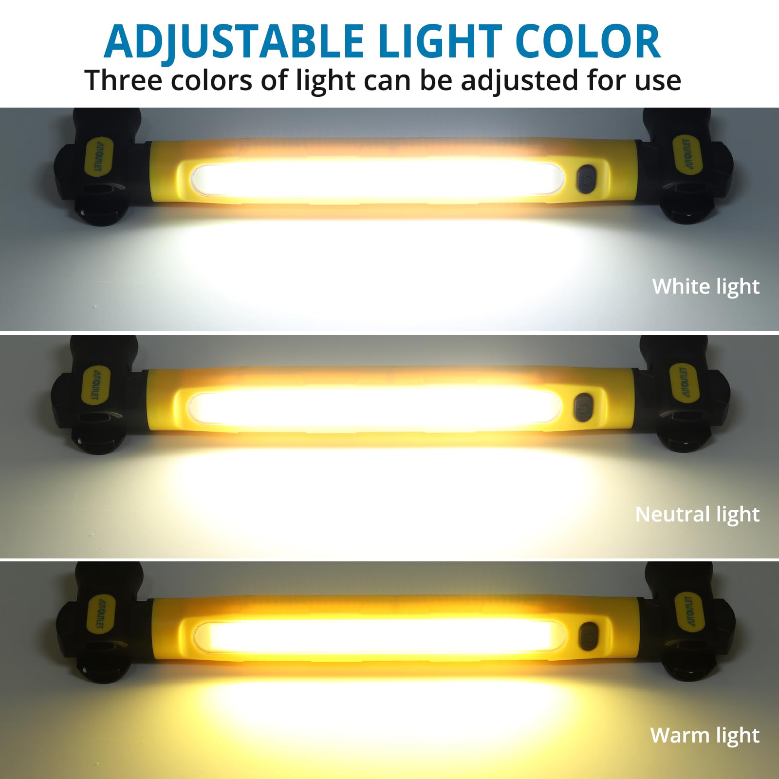 AUTOUTLET Lámpara de Trabajo LED Recargable Magnética 6000mAh 3000 Lúmenes, 3 Colores de Luz, Impermeable Banco de energía de Emergencia con Gancho Giratorio 360° para Taller, Camping y Garaje