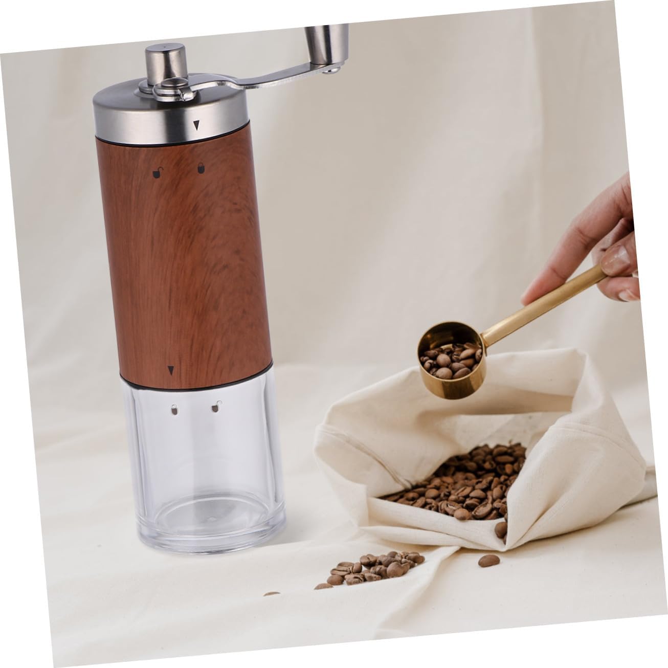 Manual Coffee Grinder Hand Crank Adjustable Stainless Steel Portable Mini Coffee Bean Grinder with Detachable Crusher Wood Grain for Home and Travel