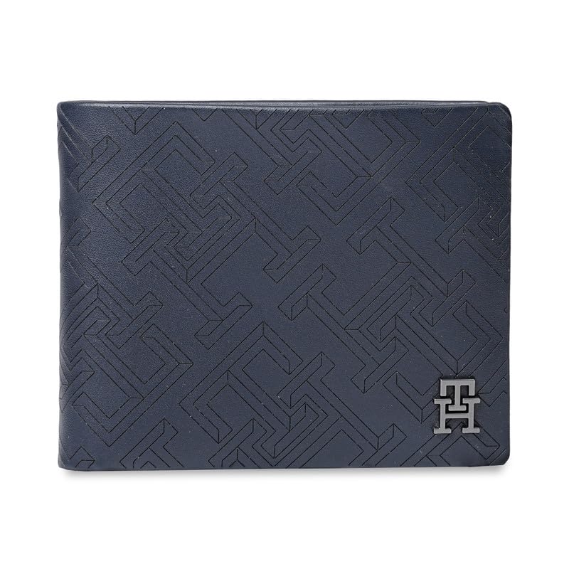 Tommy Hilfiger Men’s Leather Wallet Tavros – Navy | Laser-Detailed Navy Bi-Fold with Global Coin Pocket | Stylish Purse for Gents