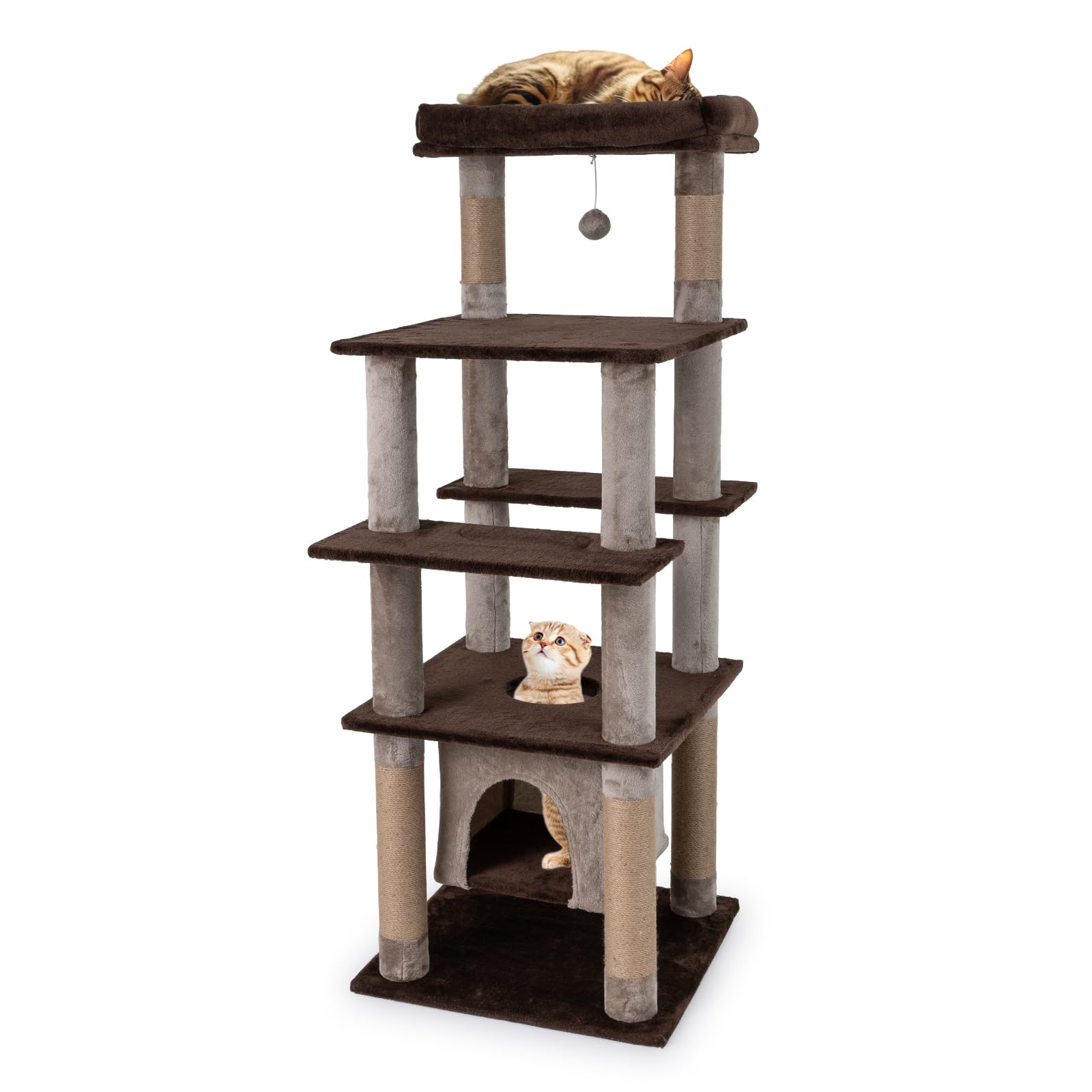 COSTWAY Rascador para Gatos Grandes, Árbol Rascador para Gatos Multinivel, Altura 148 cm con Condominio, Percha de Peluche, Postes Rascadores, Agujero, Pompón y Plataformas, Torre Gato de Interior