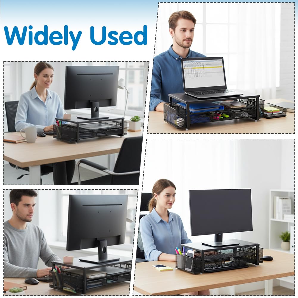 Supporto per monitor con cassetto, monitor per computer a 2 livelli con cassetto e 2 portapenne, organizer da scrivania e accessori, supporto ergonomico per accessori da ufficio (nero)