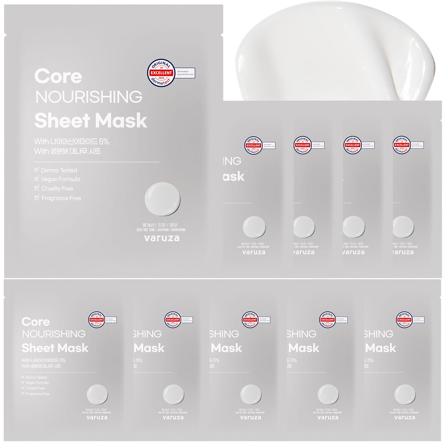 Core Nourishing Sheet Masks with Niacinamide Serum 5% for Dry Skin Tranexamic Acid, Rice Face Mask for Glass Skin Care, Moisturizing Glowing & Anti-Aging, Cruelty Free, Fragrance Free 10 Count