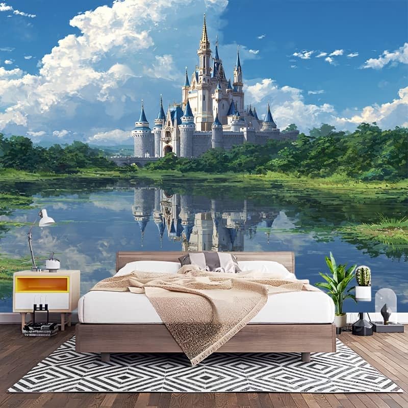 Fresque Murale 3D Intissé Lac du Château, Peinture d'Art Premium - 3