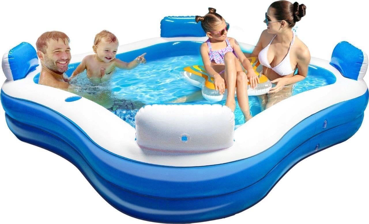 Large Inflatable Family Lounge Swimming Paddling Pool with Seats & 2 cupholders 400L 2 Ring Blue White Kids Adults