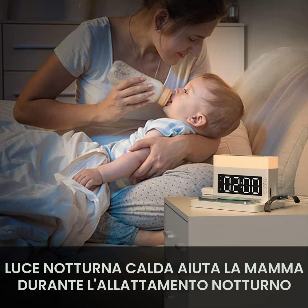 Stazione di ricarica wireless 6 in 1 con luce notturna a LED Sveglia digitale 18W Ricarica rapida compatibile per 13/12/11/Pro/SE/XS/XR/X/8Plus/8/ Galaxy/iWatch/AirPods