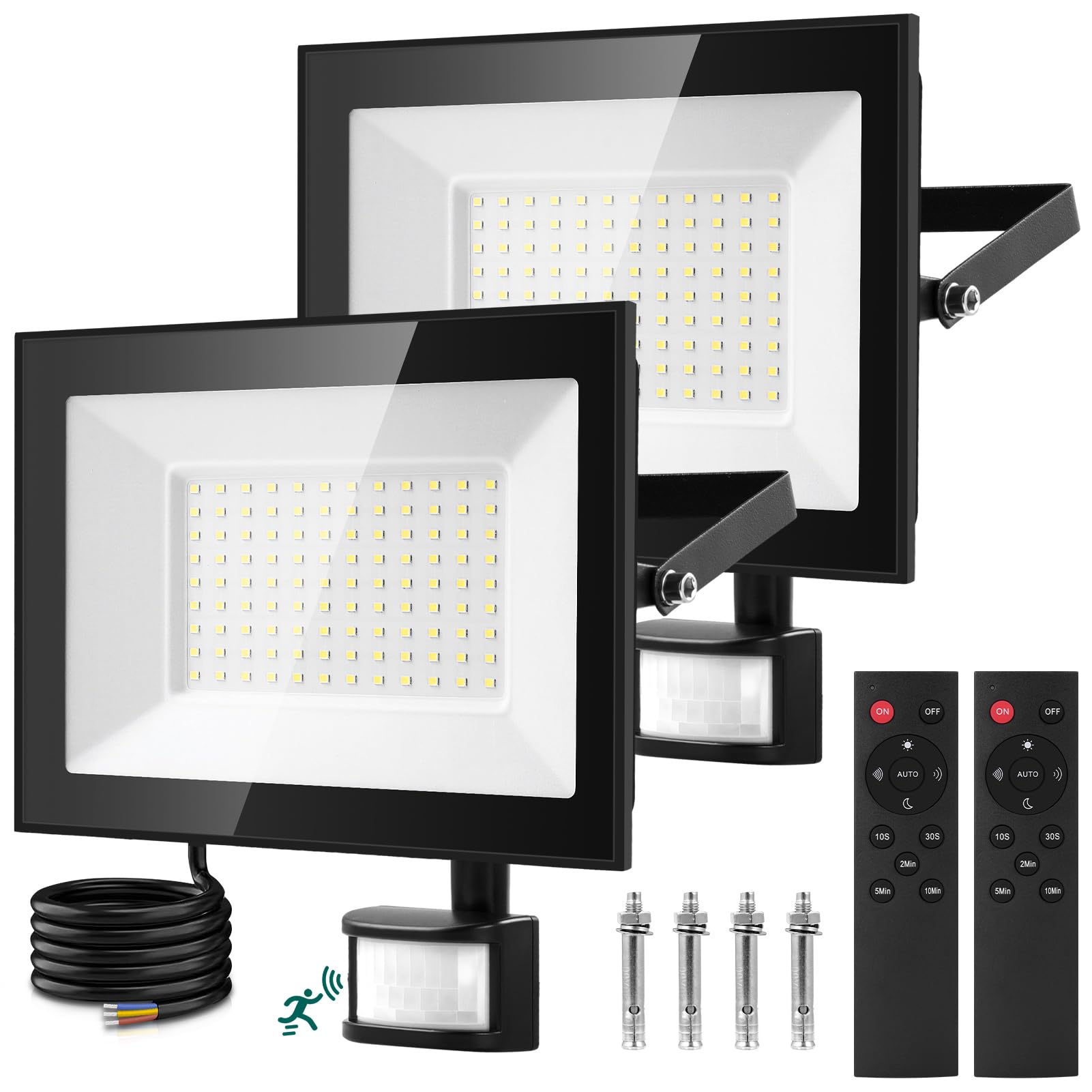 Viugreum 2 Packs 100W Faretto LED per Esterno con Sensore di Movimento 10000LM Bianco Freddo Faro LED Esterno IP65 Impermeabile LED Spotlight con Telecomando e Timer per Giardino Garage