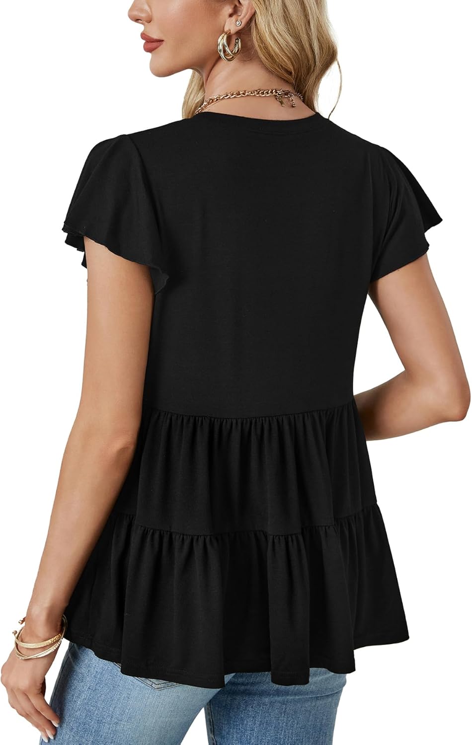 OPOIPIN Women's Crew Neck Ruffle Hem Short Sleeve Babydoll Peplum Top Blouse - Image 5