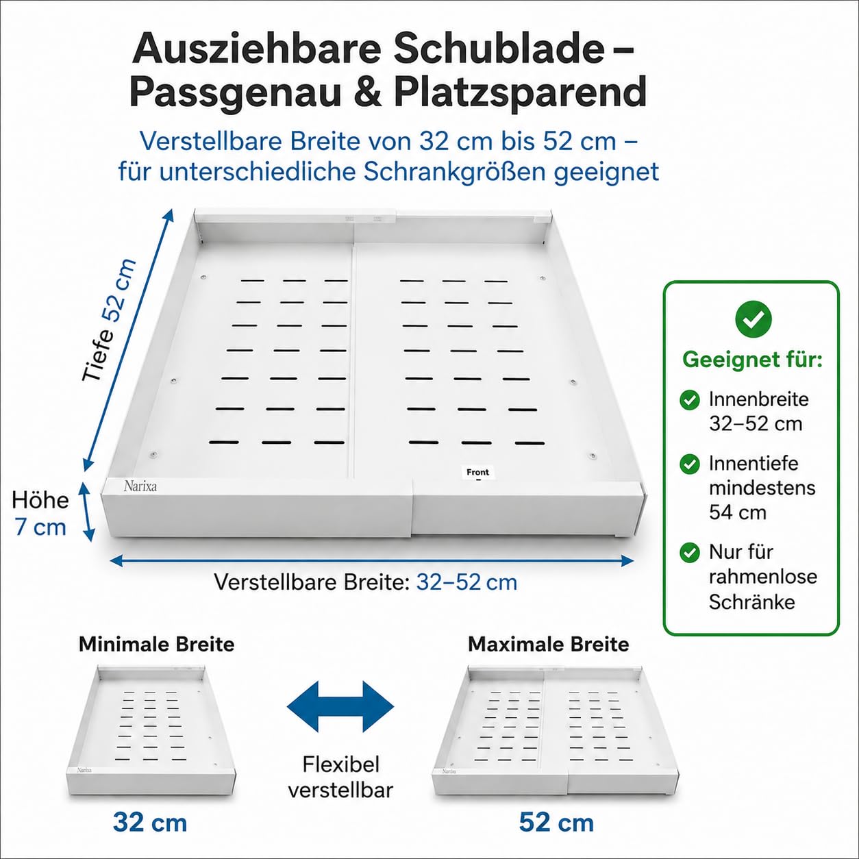 Teleskopschublade Ausziehbar 52 cm Tief mit Schutzmatte | 2 Stück, 32–52 cm Verstellbar, Schrank Organizer, Ohne Bohren