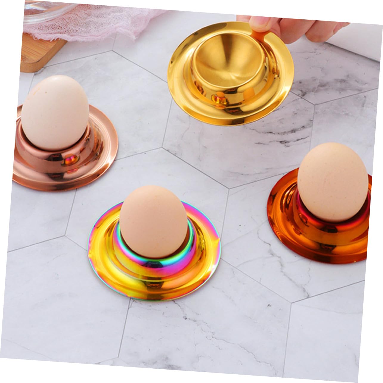 SOLUSTRE 1set Stainless Steel Egg Holder Stand Stable Base for Soft Hard Boiled Eggs Versatile Serving Tray for Appetizers Elegant Golden Silver Design 2pcs