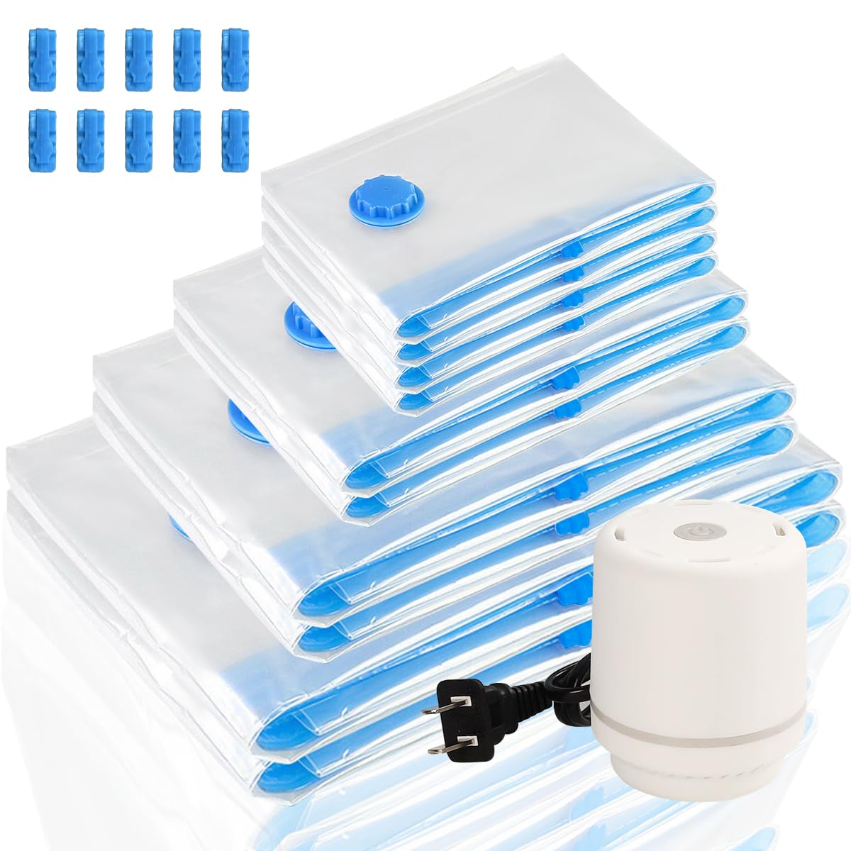 CASAMIEL Bolsas de Vacío 10 Piezas con 1 Bomba Eléctrica, Bolsas de Almacenamiento al Vacío Reutilizables Ahorra Espacio, Gran Capacidad para Almacenar Ropa, Almohada, Edredón - Transparent