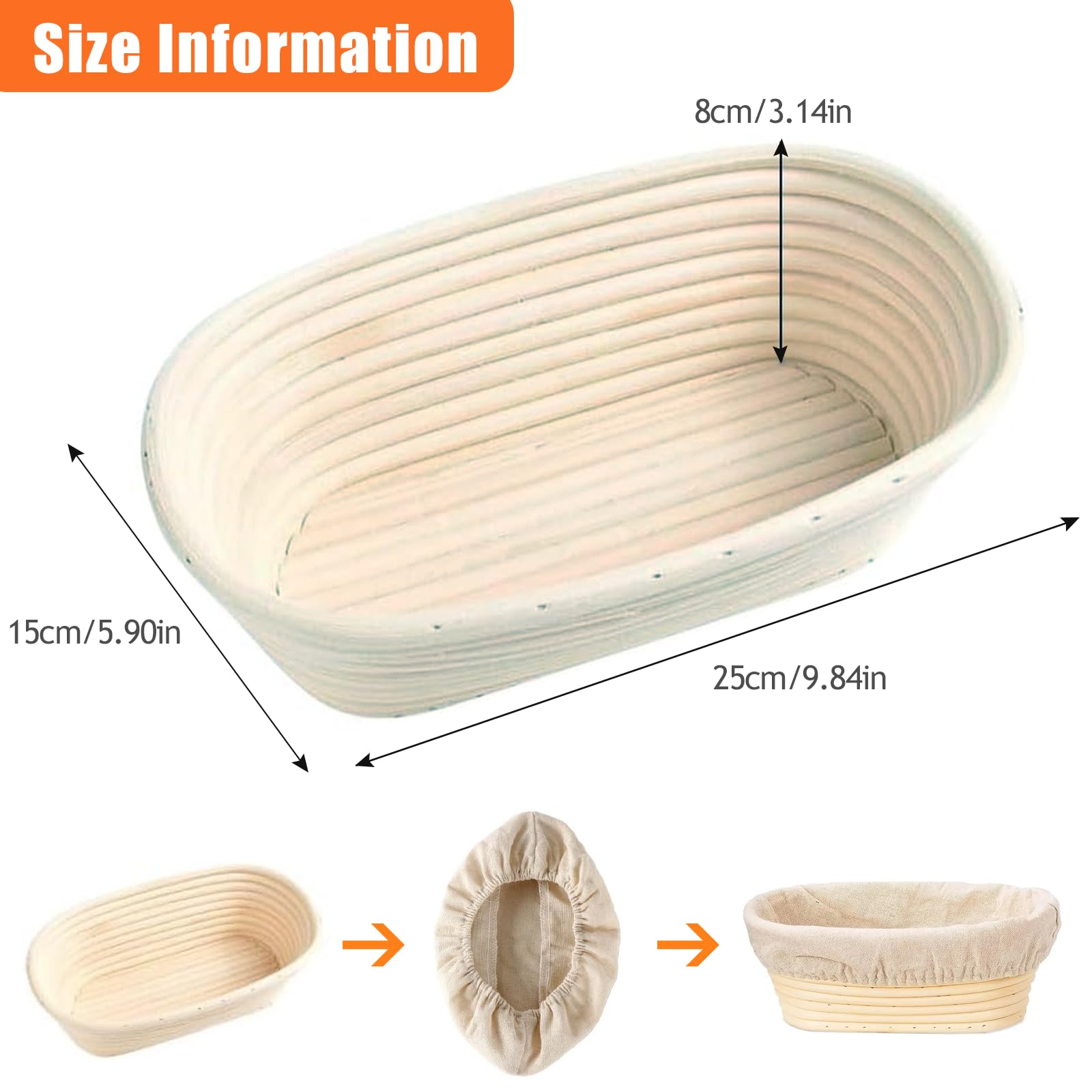 2 Pezzi Cestino Lievitazione Pane con Fodera Tessuto Lino, 25 x 15 x 8cm Cestini Pane Rattan Naturale, Cestino Fermentazione Ovale per Impasto, Cesto Pagnotta per Panettieri Domestici e Professionisti