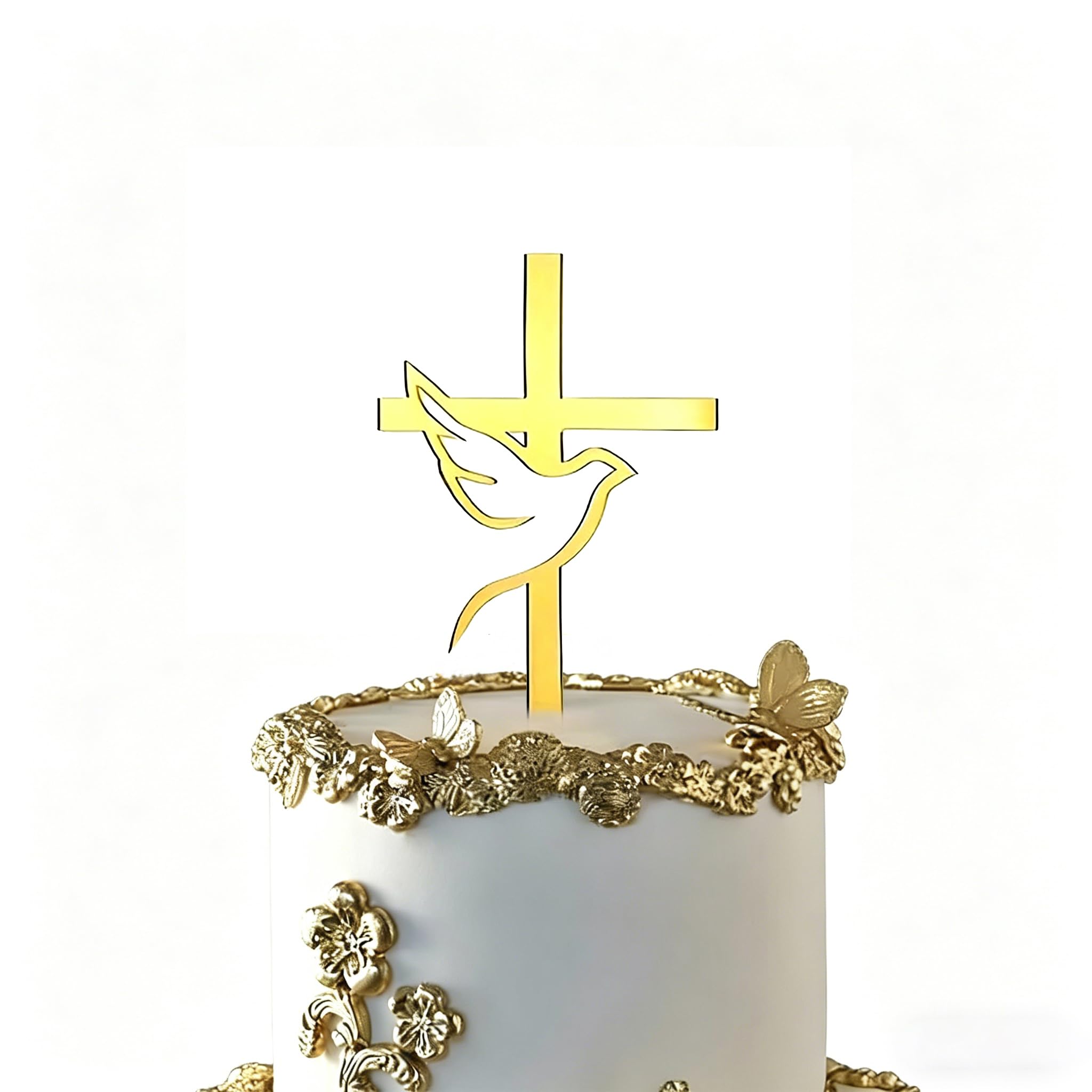 2Pcs Peace Dove Cross Leaf Cake Topper, Acrylic Holy Communion Christening Cake Decoration Baby Shower Cake Topper Baptist Theme Party Cake Decoraion Supplies Gold