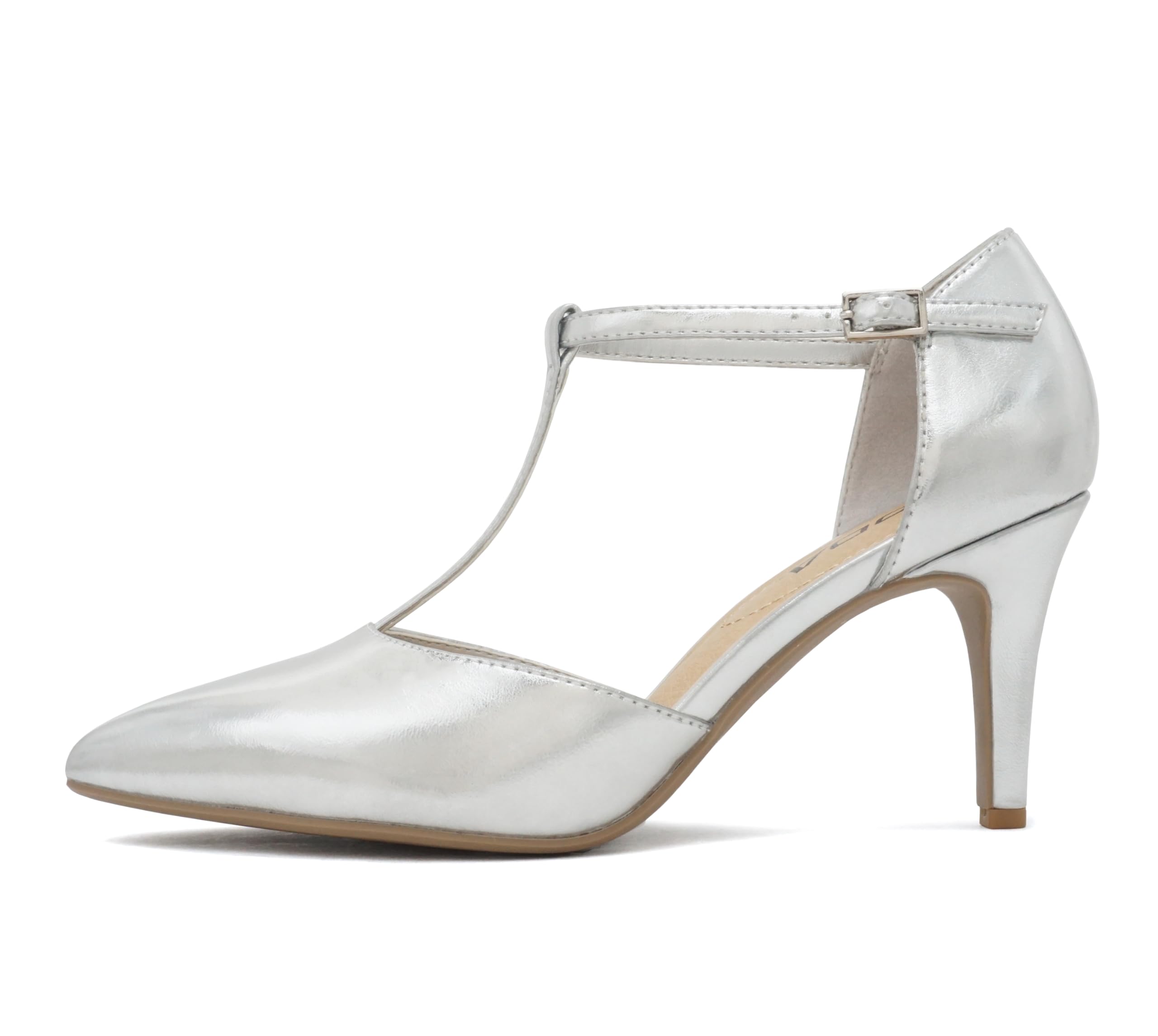 Soda Bahia ~ Women Pointed Toe Closed Back Counter Stiletto Mid Heel T-Strap Pump Shoe