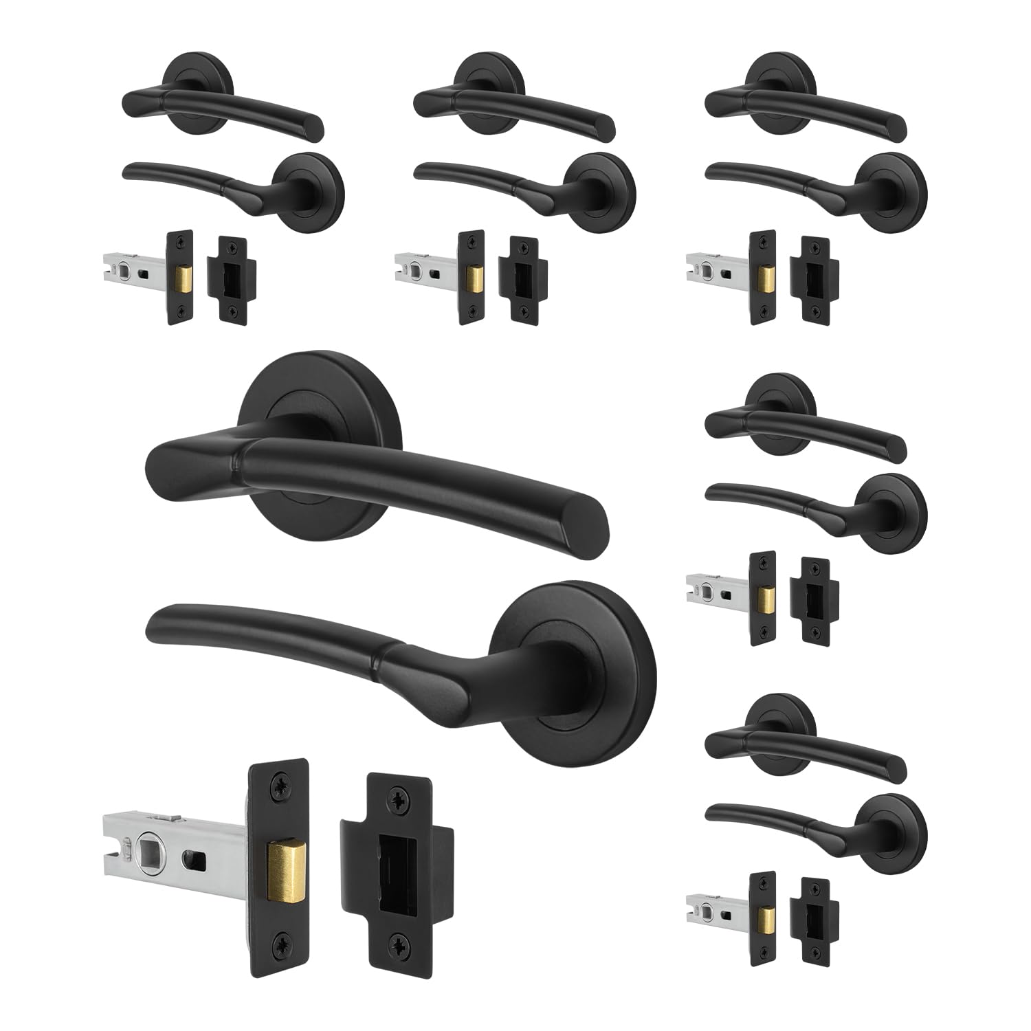EAI Black Door Handle Latch Set, 6 Pairs Internal Lever on Rose Matt Black Door Handles & Latch (64mm) - Bova Range