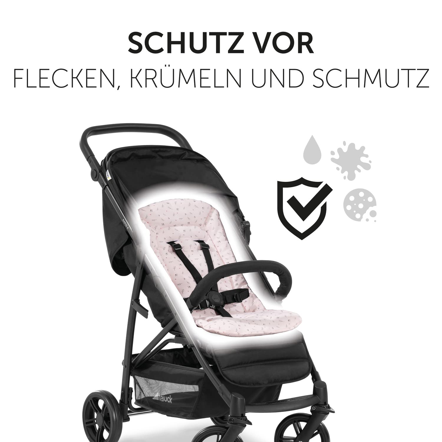 hauck Sitzauflage für Buggy & Kinderwagen 70 x 37 x 3 cm, Flowers Rose | Atmungsaktive Baumwolle für Sommer, Buggy Einlage mit 7 Gurtschlitze passend für hauck Kinderbuggys & Fahrradanhänger