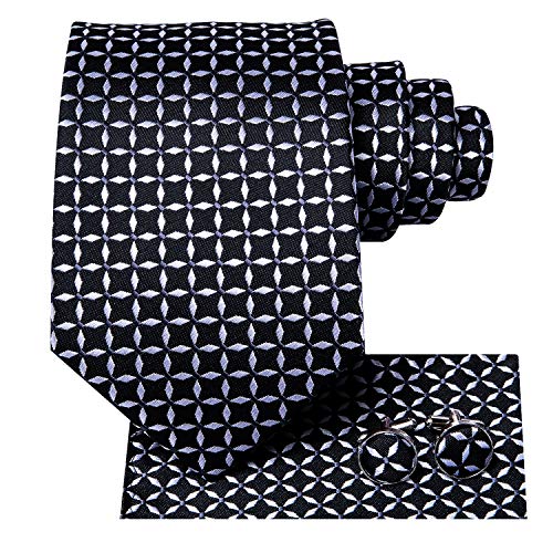 Image of Hi-Tie Mens Plaid Ties Classic Paisley Necktie with Handkerchief Cufflinks Set Business Stripe Tie
