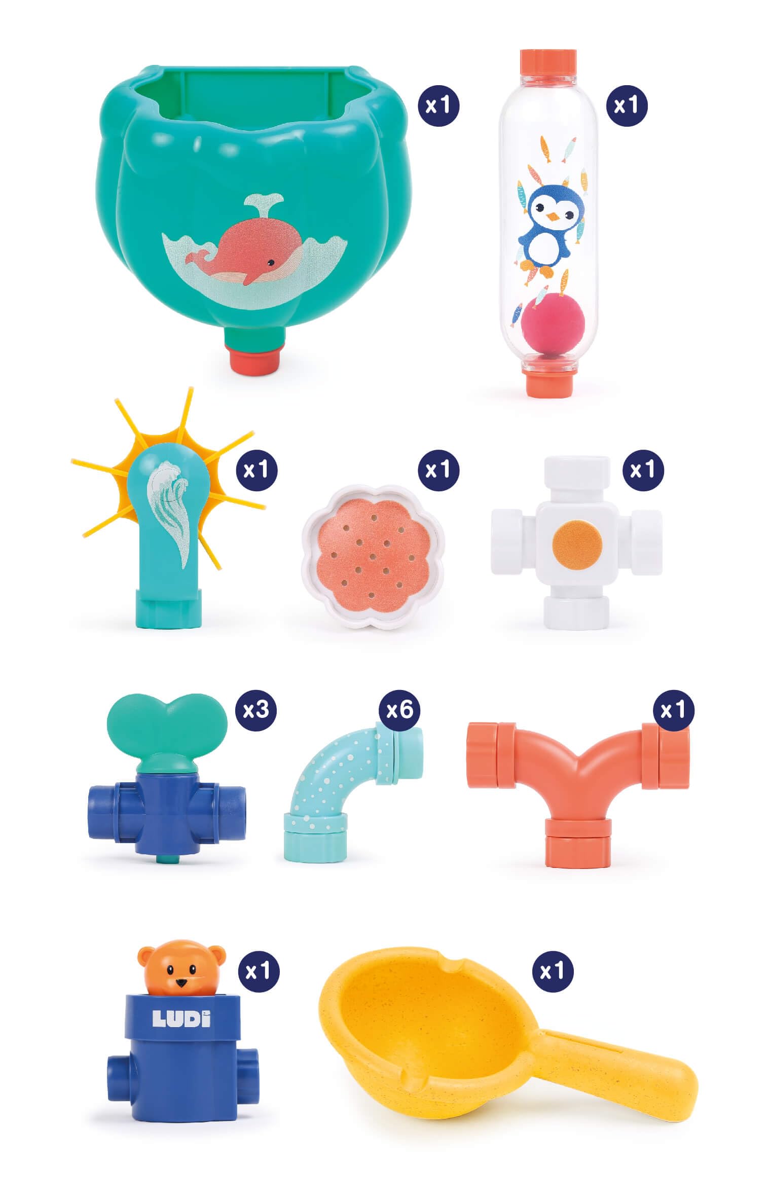 Ludi - Tuyaux d'eau XXL - Jeu De Construction Aquatique - Grand Circuit - Dès 18 Mois - pour Occuper Bébé Pendant Son Bain - Imagination Et Dextérité - 16 Pièces Interchangeables - Fixation Ventouse