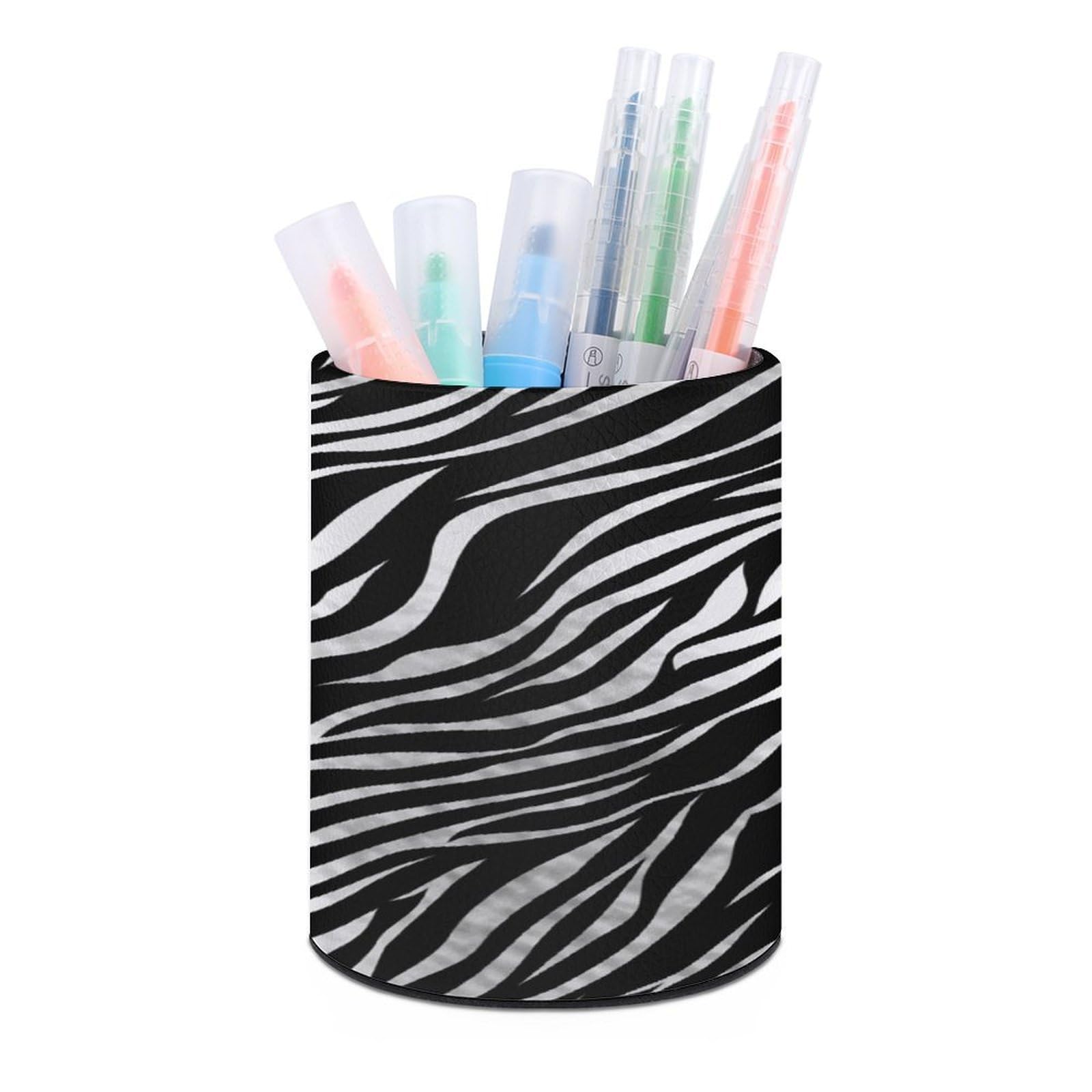 FekiLoot Round Zebra Print Pen Holder for Desk PU Leather Waterproof Pencil Cup Stand Minimalist Makeup Brush Storage Organizer Desktop Stationery Container Accessorires