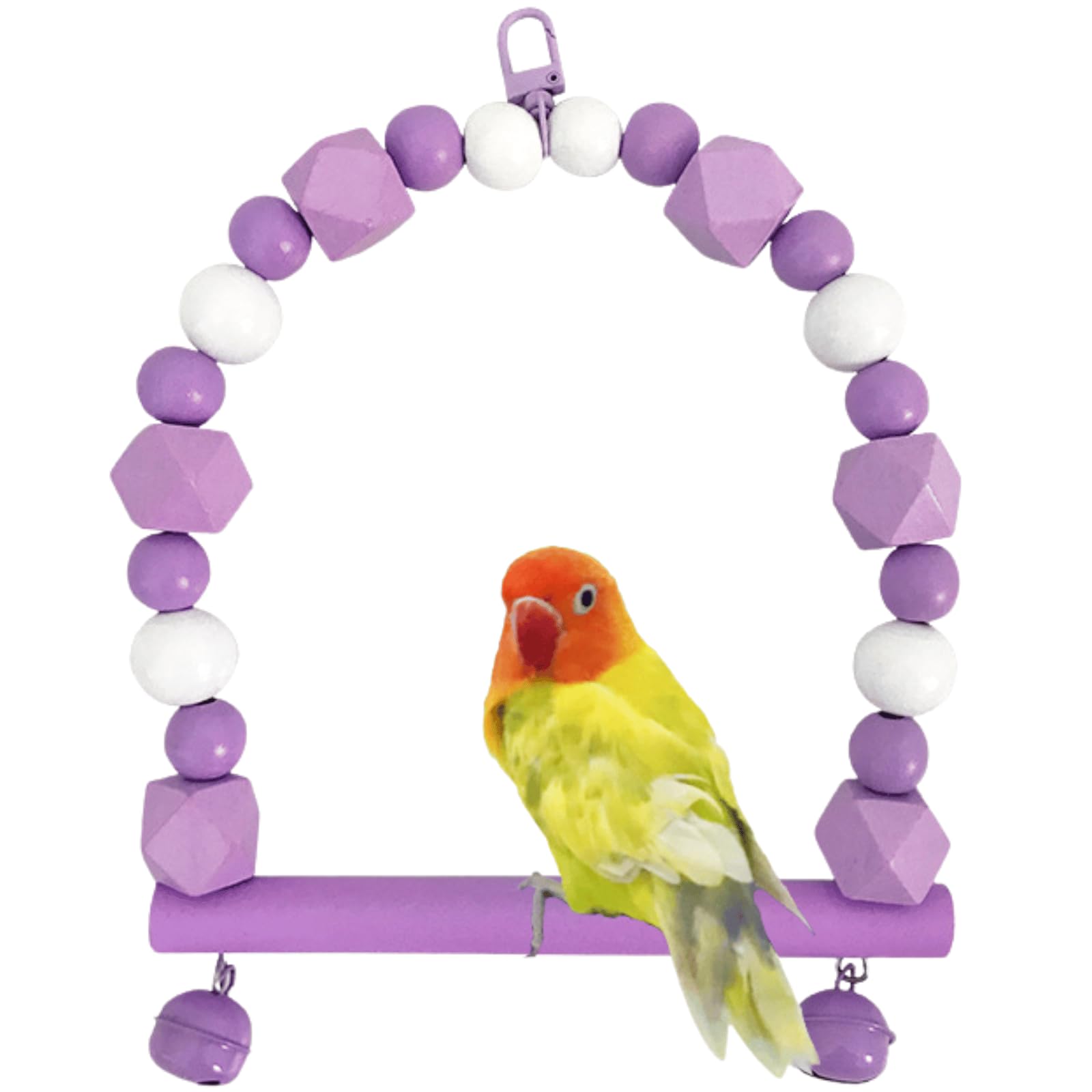 Colorful Wooden Bird Swing, Parakeet Swing Toy with Bells, Cockatiel, Lovebird, Budgie, Conure Perch Stand, Bird Cage Accessories to Balance, Exercise, Training (Purple)
