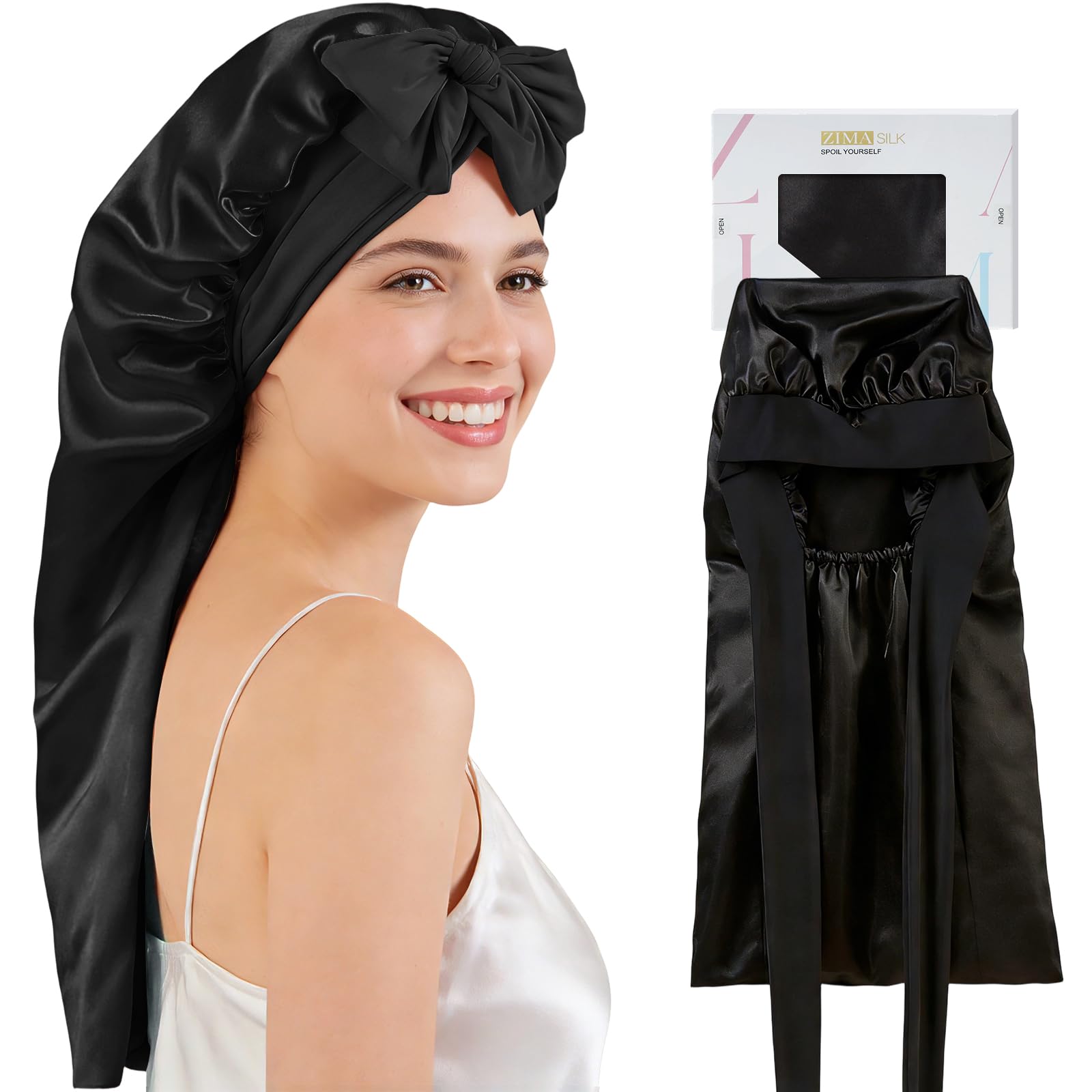 ZIMASILK Long Mulberry Silk Bonnet for Sleeping Women