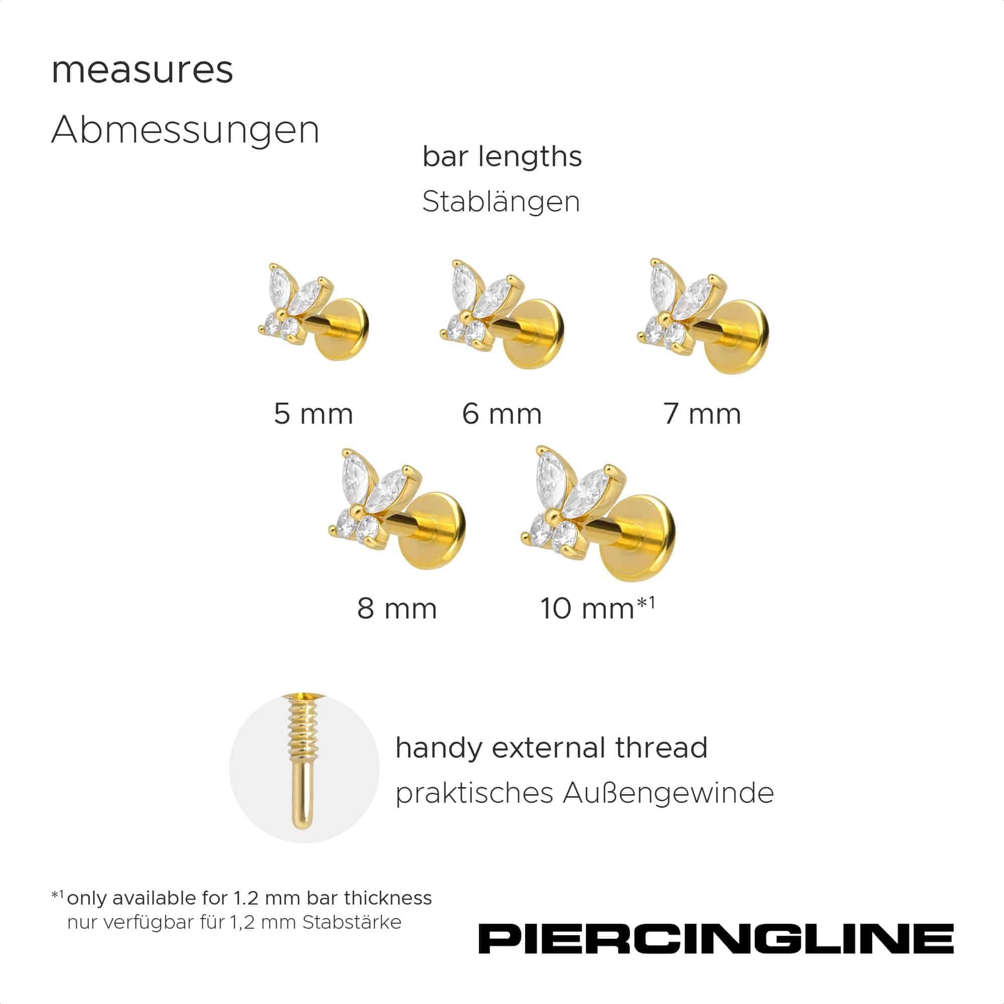 PIERCINGLINE Piercing Stecker Titan Labret mit Innengewinde + 925er Silber Aufsatz MOISSANIT-SCHMETTERLING - Goldfarben, Silberfarben