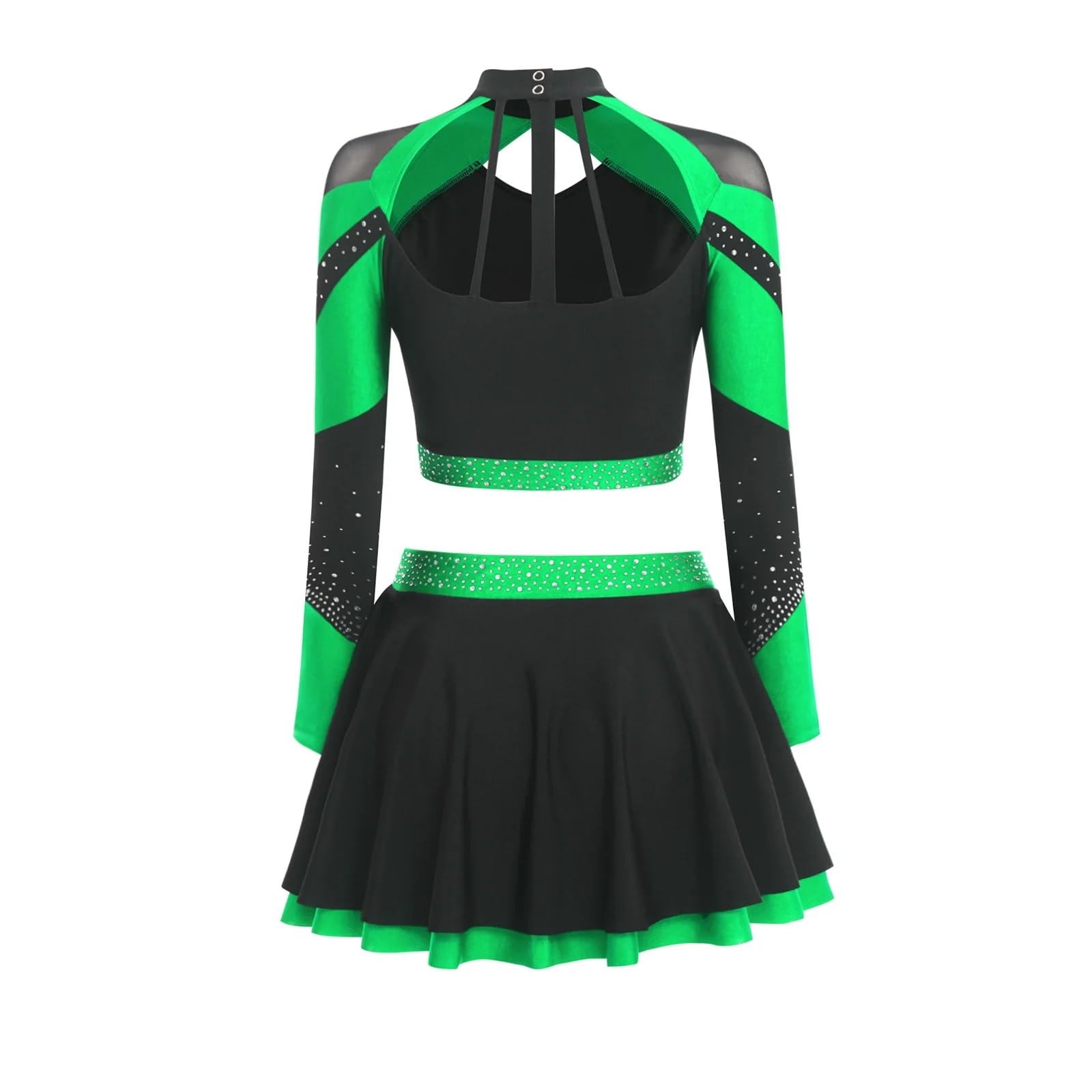 Cheerleader Kostüme Cheerleader-Kostüm for Damen mit glänzendem Strass, Cheerleading-Uniform, langärmelig, ausgehöhltes Bauchfreies Top und Skating-Rock, Tanz-Outfits