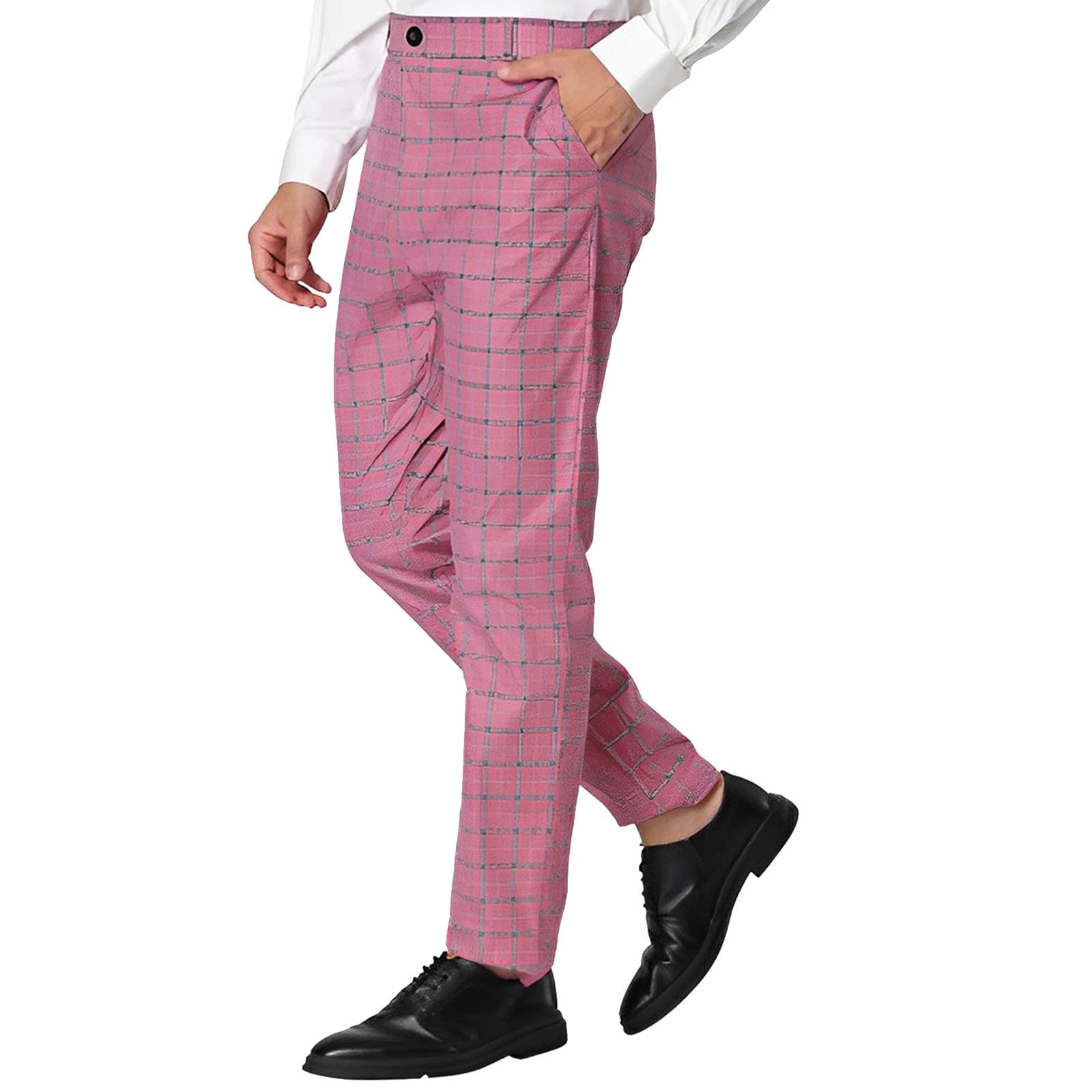 Men's Business Pants Skinny Fit Plaid Flat-Front Stretch Slim Stylish  Casual Golf Dress Pants Tapered Trousers with Pockets