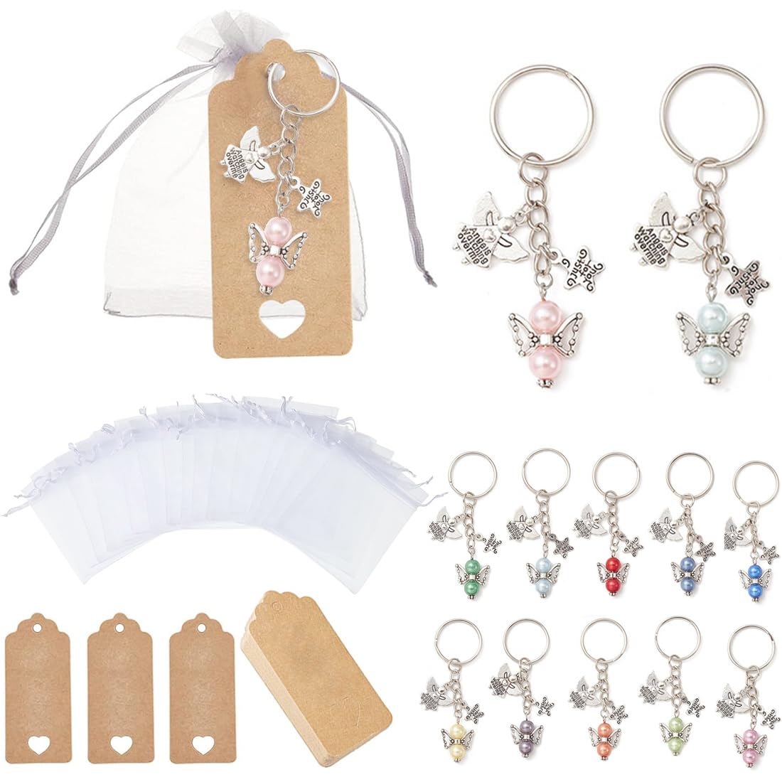 Lot De 12 Porte-clés Ange Gardien Avec étiquettes Et Sacs Organza - Cadeau Baptême, Communion, Anniversaire
