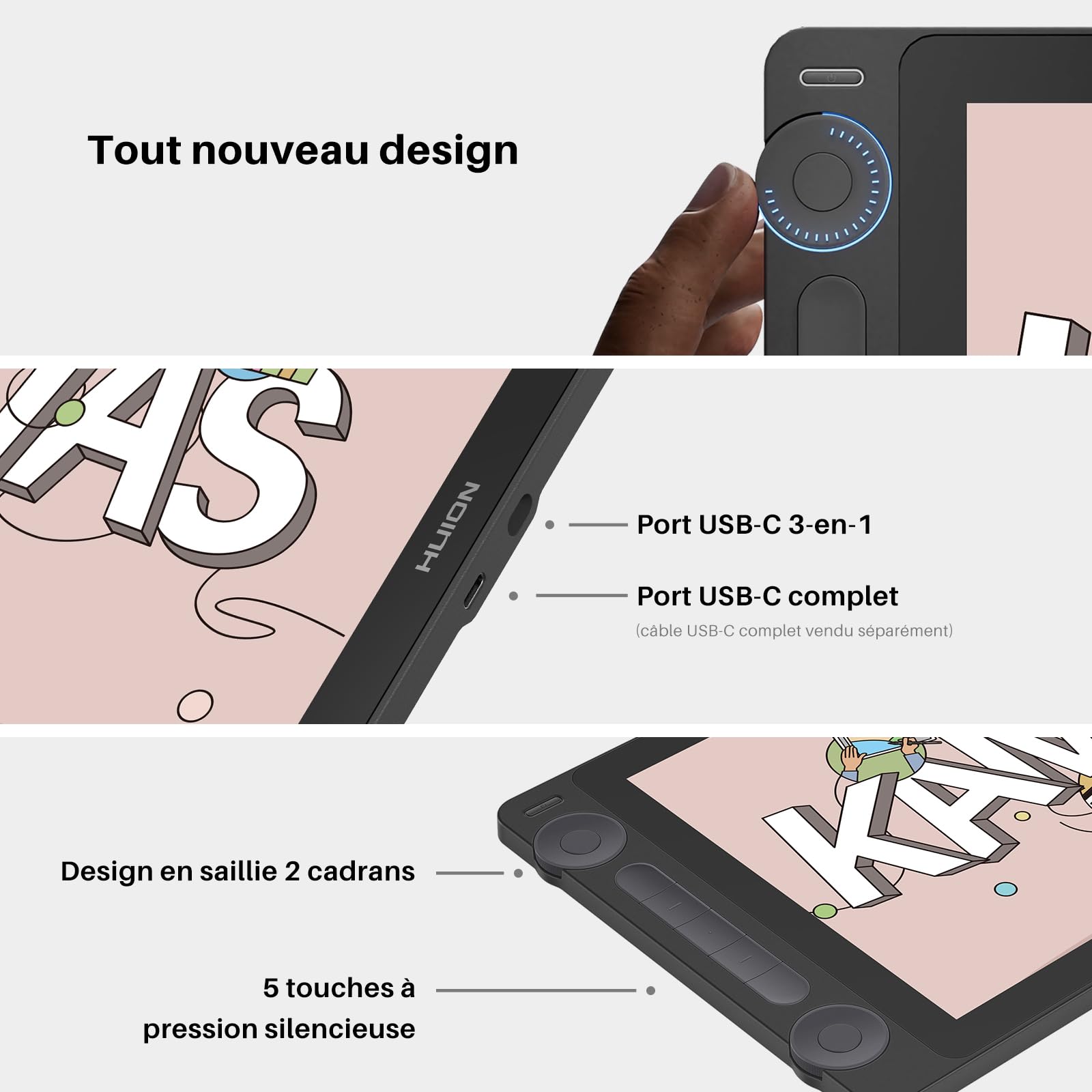 HUION Kamvas 13 Gen3 2024 Tablette Graphique avec Écran, 13,3 Pouces | 13,3 Pouces,16384 Niveaux,PenTech 4.0,99% sRGB,Verre Canvas,Double Molette,Dessin,Noir,Tablette Graphique avec Écran