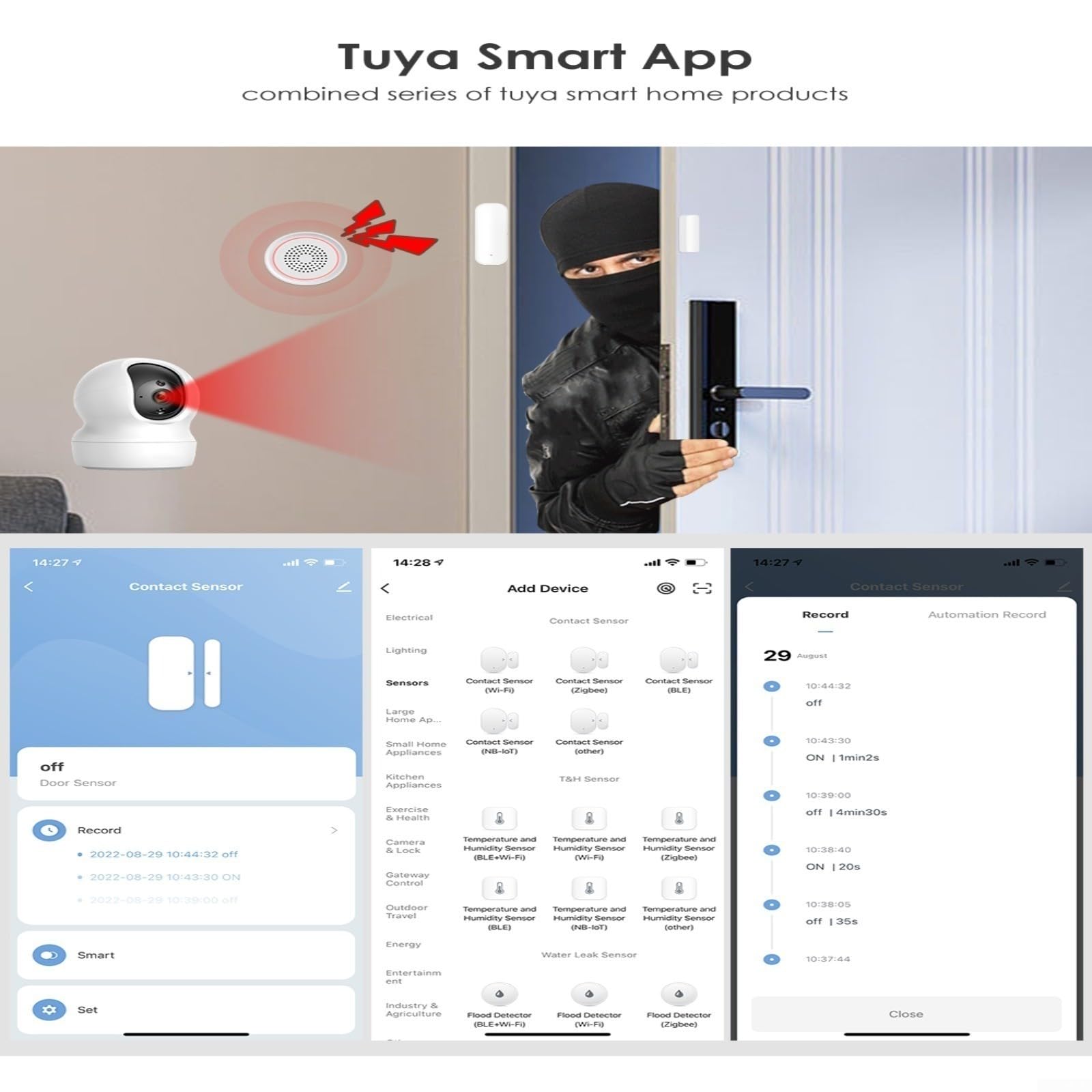 Sensor inteligente de puerta y ventana, compatible con aplicación Tuya, alarma de contacto magnético inalámbrico de 2,4 GHz, compatible con asistente de voz, notificación telefónica instantánea, no