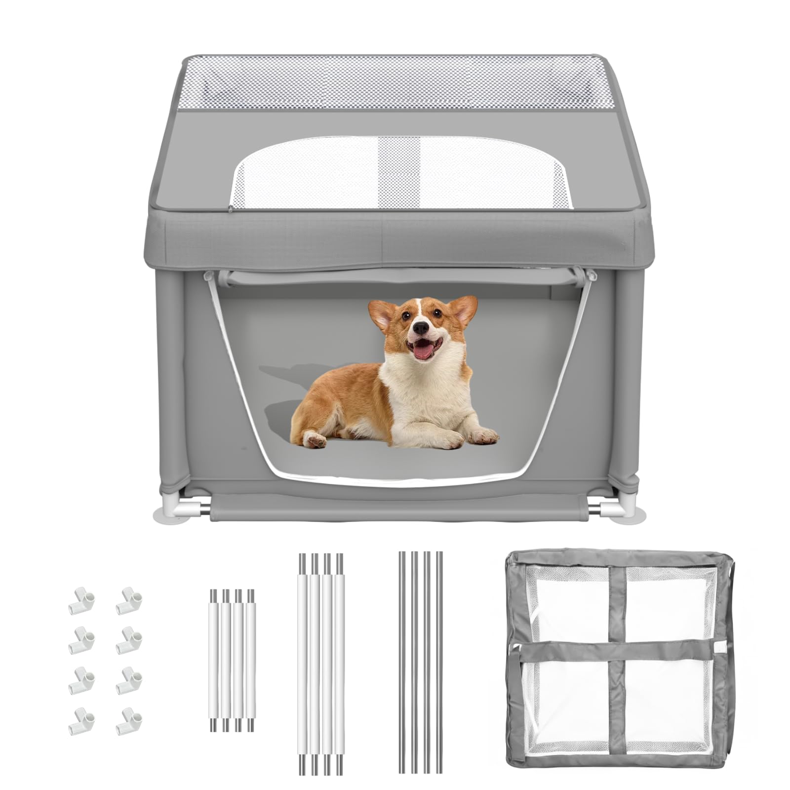 Parque para Cachorros con Puerta, Corral para Perros pequeños o Cachorros, Parque de Seguridad para Mascotas con Tela, Malla de Nailon y Tubos de Acero Inoxidable (Gris, 90x90x66cm, 6)