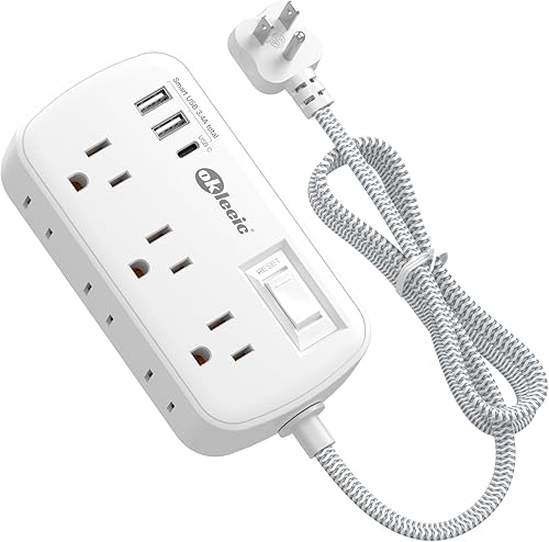 Cable de extensión plano de 5 pies, 6 salidas amplias con 3 puertos USB (1 USB C), regleta de alimentación de enchufe plano 980J, extensor de toma