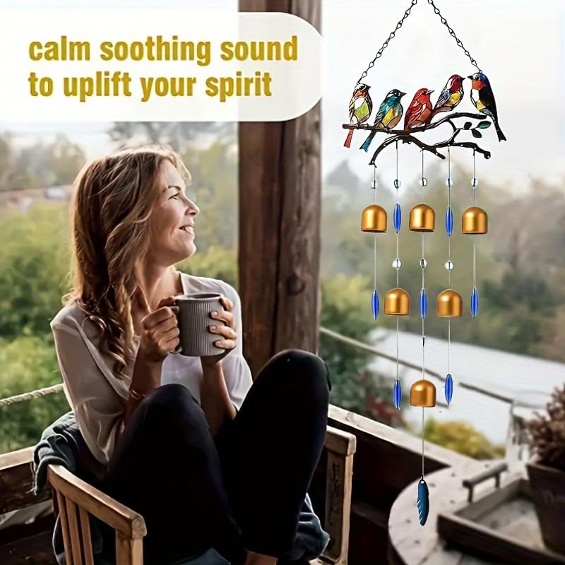 1 Set Creative Metal Wind Chimes with Birds Decorative Hanging Ornaments for Windows Balconies and Gardens No Battery Required Golden Bell