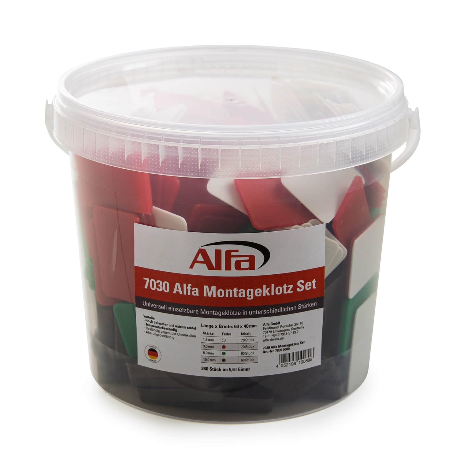Alfa Montageklotz Set Unterlegplatten | 60 x 40 mm, 260 Stück | Abstandshalter, Plättchen aus Kunststoff | Tragfähigkeit bis 16 t | Set: 1.5, 3, 5, 10 mm