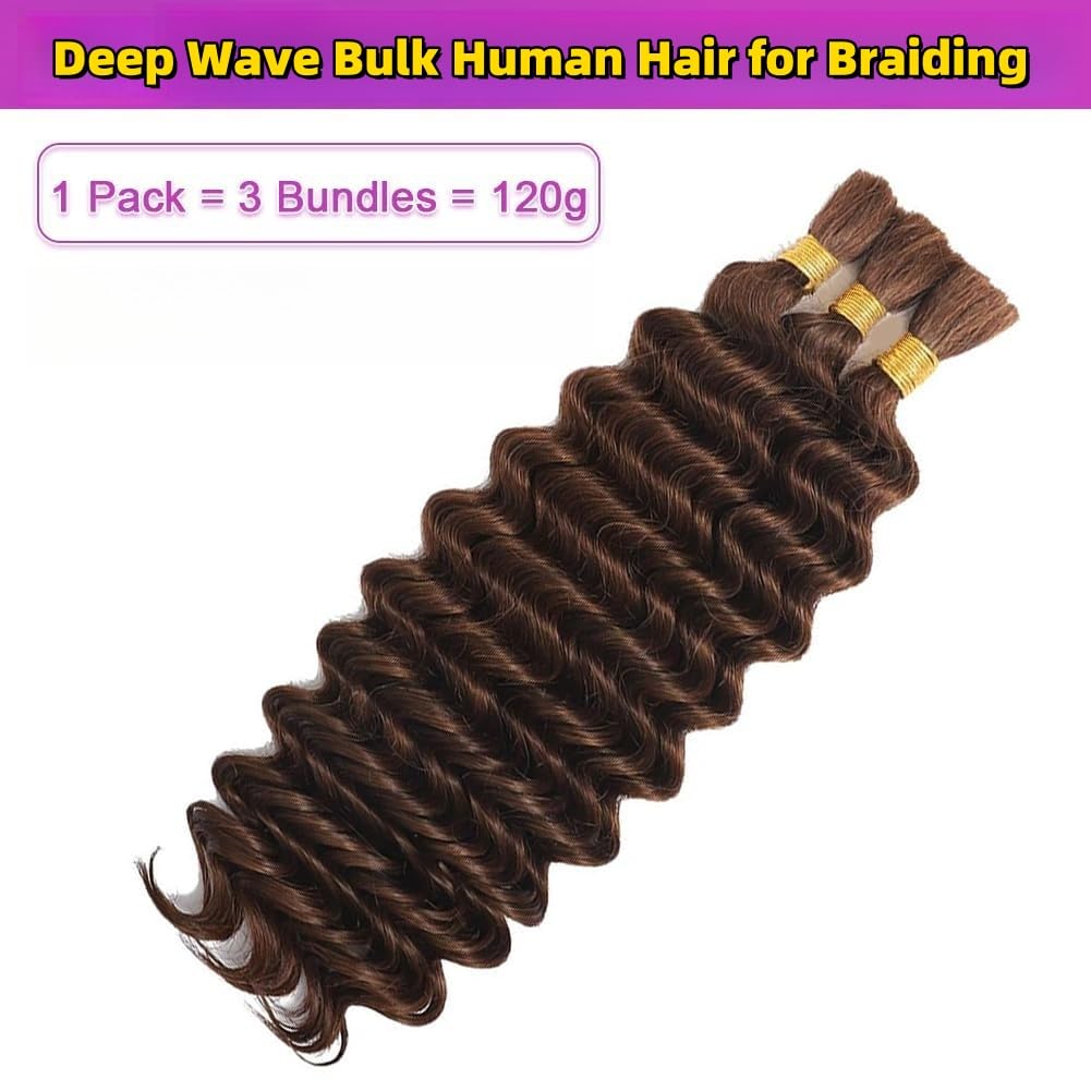 Color 4 Boho Curls 100 Percent Human Hair 3 Bundles 120g Boho Hair for Braiding Knotless Human Hair Deep Wave Wet and Wavy 12A Bulk Curly Boho Braids Human Hair Extensions Chocolate Brown No Weft