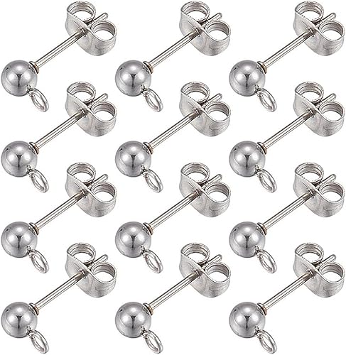 SUNNYCLUE 1 caja, 80 unidades, 20 pares de aretes de bola, aretes de acero inoxidable 304 con lazo de 0.157 in, aretes de bola para accesorios de
