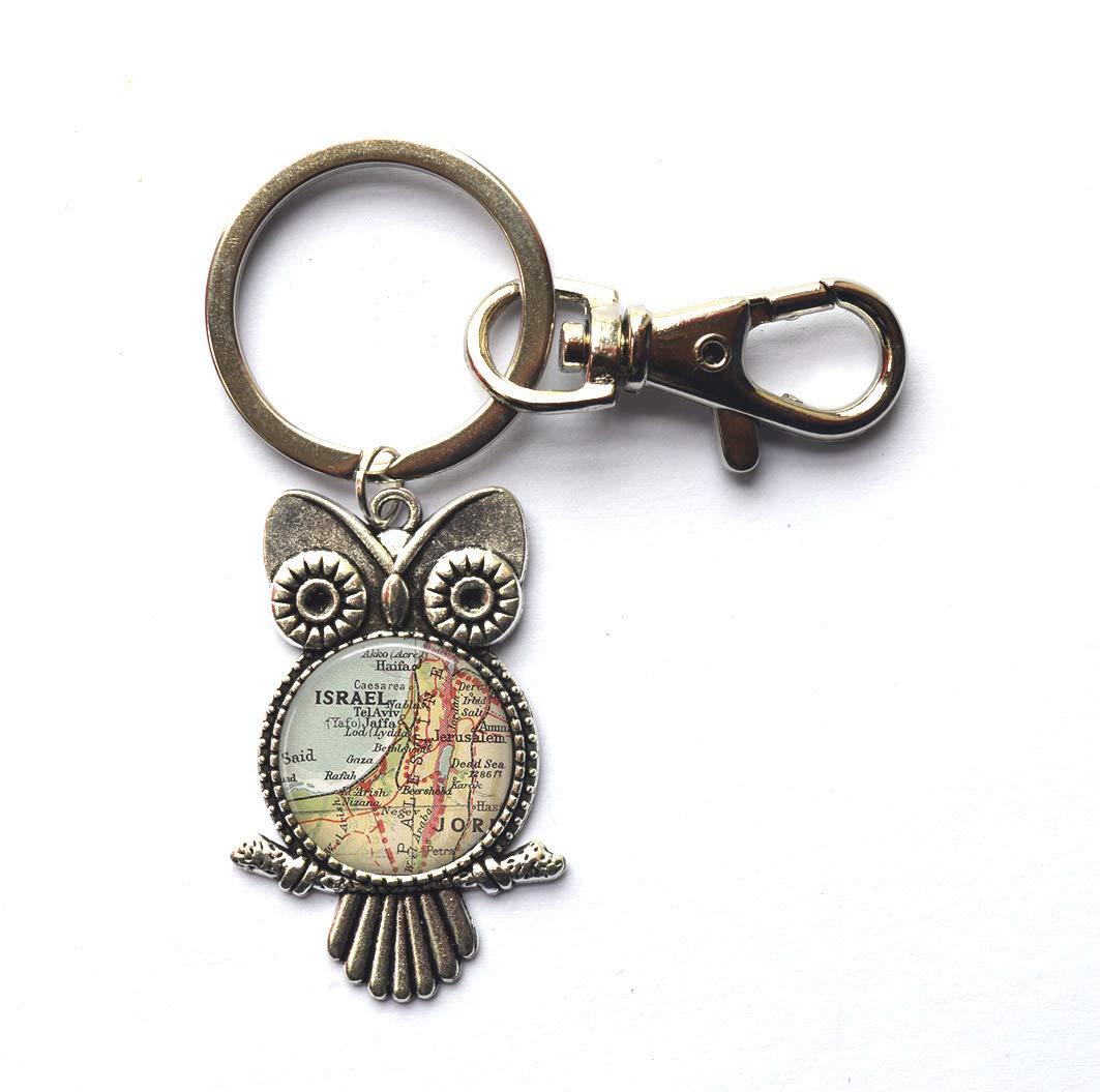 Fashion Owl Keychain,Israel map Key Ring,Israel Key Ring,Israel map Jewelry,Israel map Owl Keychain,A0297