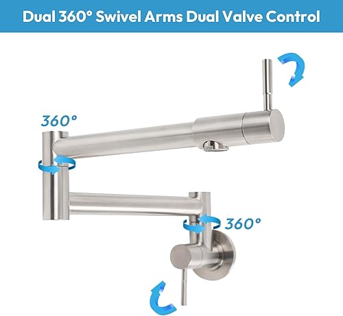 Miniatura 5 de Grifo de llenado de ollas de acero inoxidable de níquel cepillado, montaje en pared con brazos oscilantes de doble junta, grifo de cocina plegable