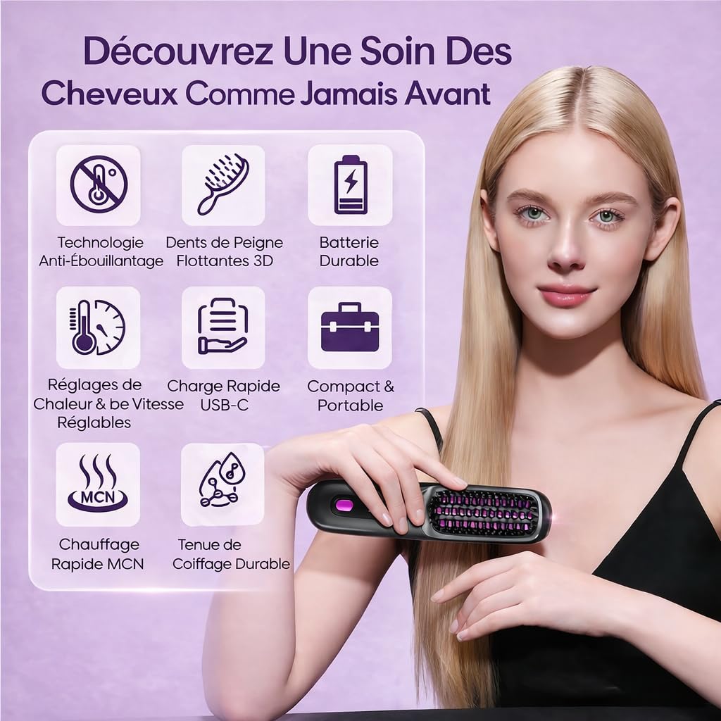 Brosse Coiffante Cocoony Cheveux Courts, Brosse Cheveux Lissante Rechargeable et Portable, Brosse Volumisante pour Coiffage Rapide (Noir)