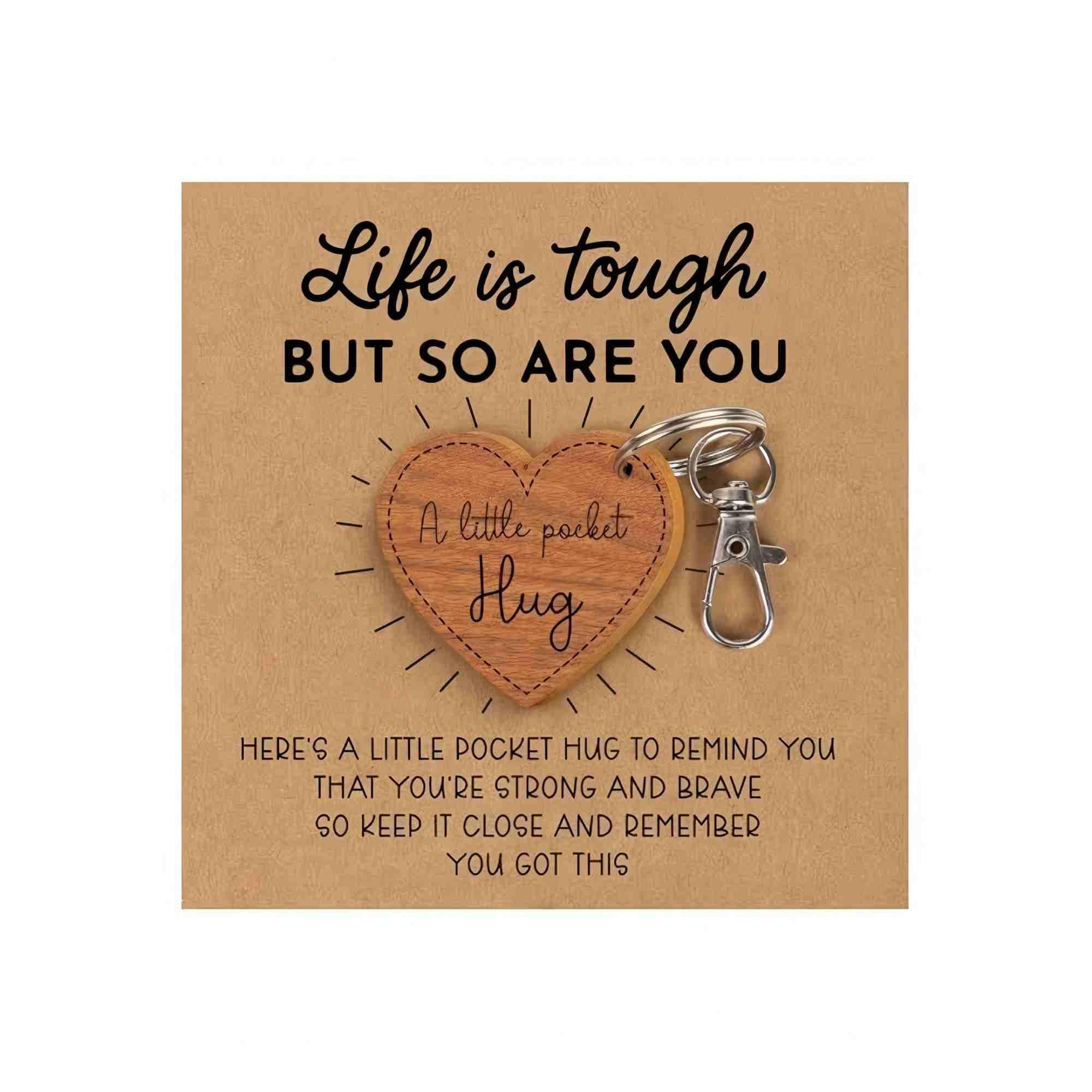 MINWEGI Pocket Hug Wooden Keychain - Laser Engraved Motivational Gift with Inspirational Quote Card Life is Tough But So Are You - Friendship Support Gift, Encouragement Present for Women Men