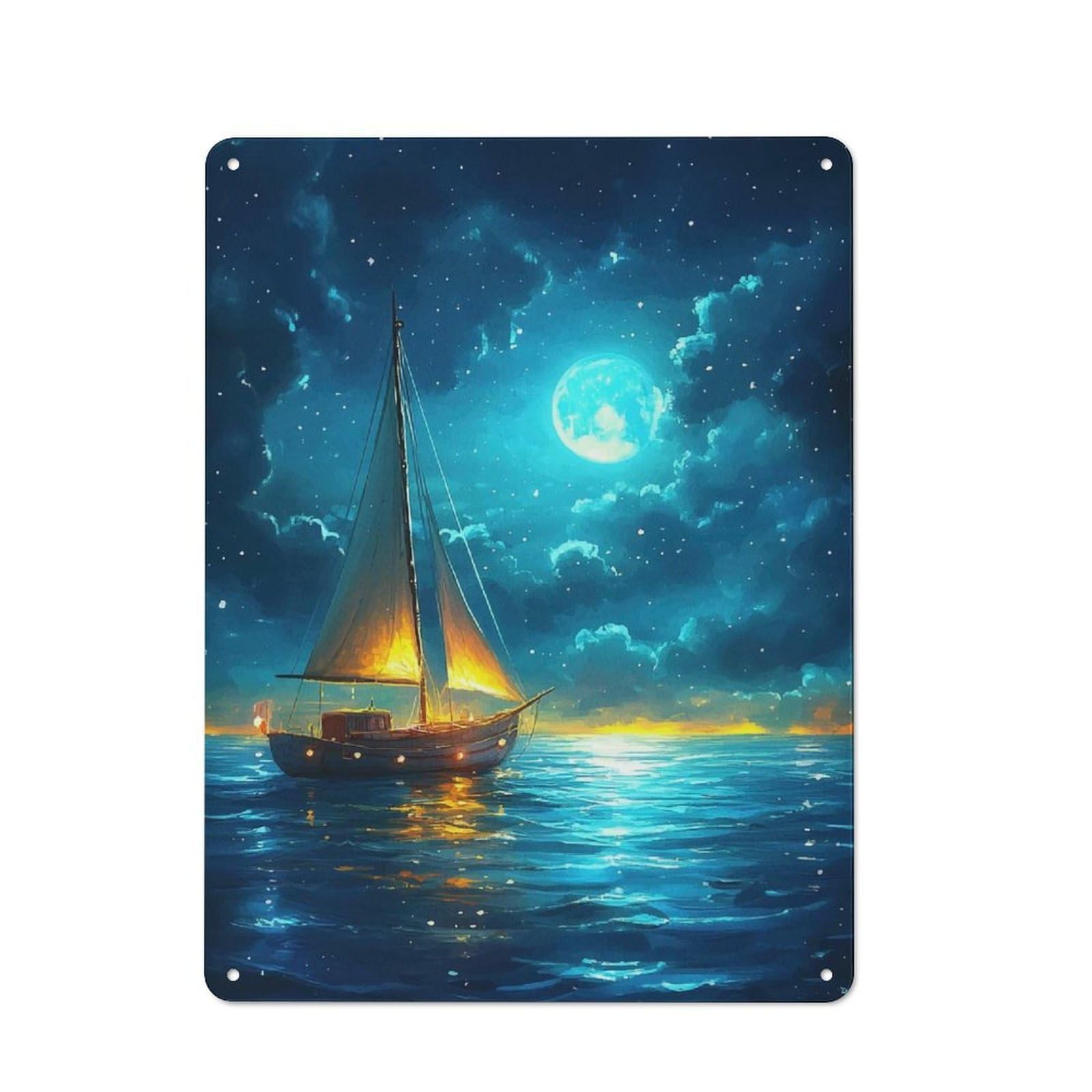 Metal Wall Sign 40x30cm Featuring Sailboat Under Moonlight for Garage Or Workshop, Suited to DIY Enthusiasts
