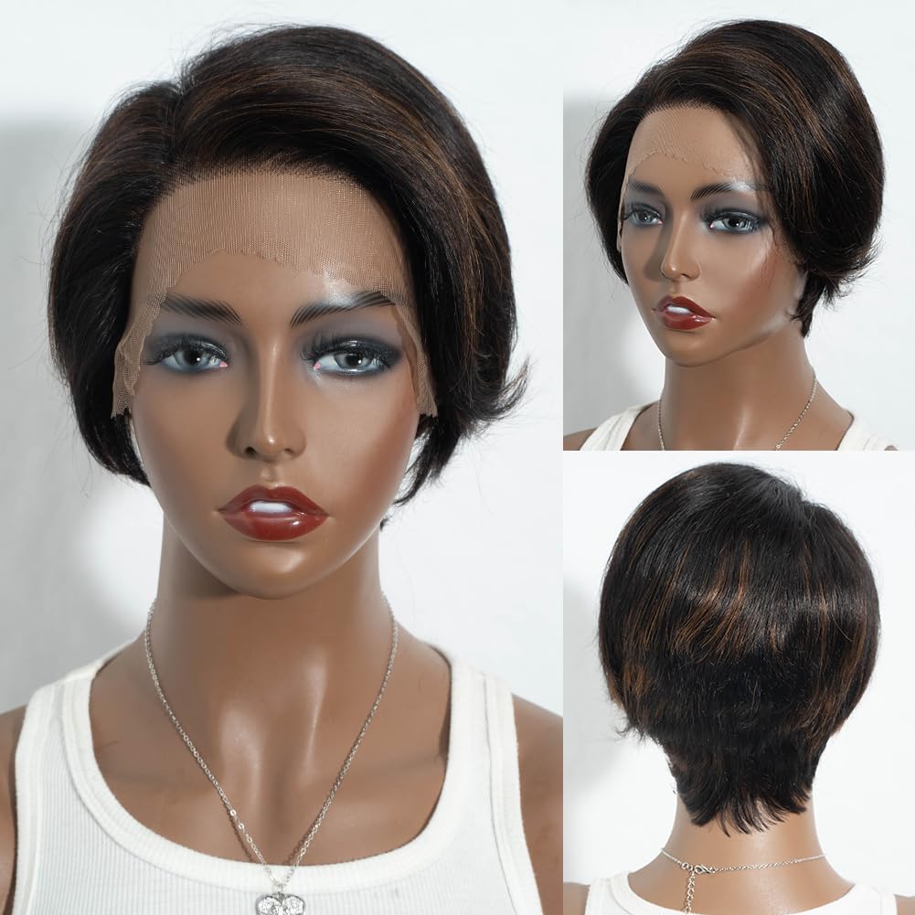 JOEDIR HAIR Short Lace Front Pixie Cut Wig - Human Hair for Black Women, 13x4 Lace Front Pixie Wig, 150% Density (Black mixed Brown, #1B/30)