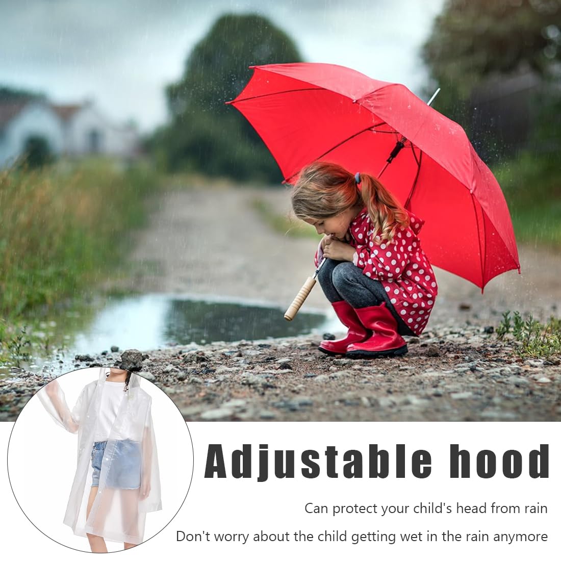 Poncho Antipioggia Bambino Riutilizzabile - EVA Impermeabile, Con Cappuccio, Per Altezza 1-1.5m