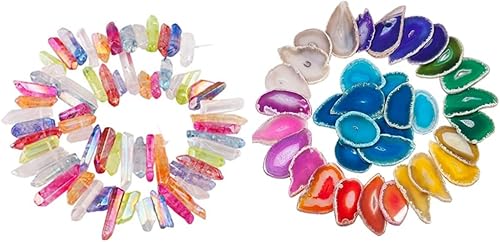 rockcloud Puntos de cristal de roca de colores de 15 pulgadas, hilo de cuarzo transparente recubierto de titanio, 10 piezas de ágata, rodajas de